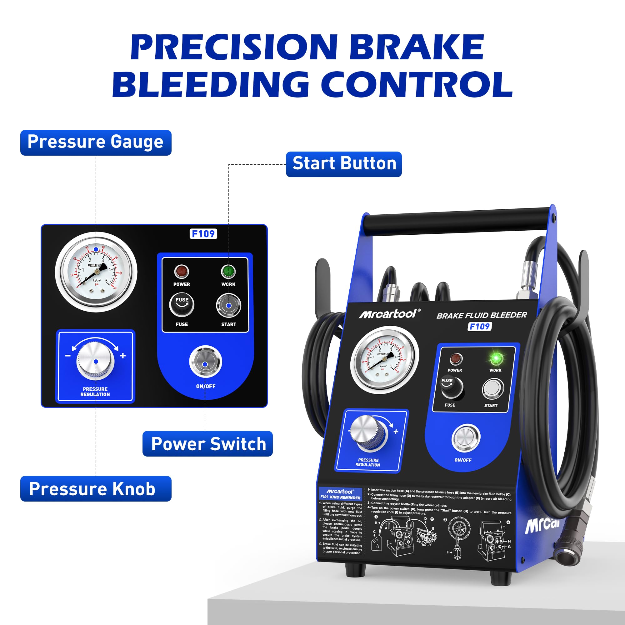 MR CARTOOL F109 samochodowy odpowietrzacz hamulców 220 V, pulsujący automatyczny zestaw odpowietrzający hamulców z 9 adapterami, przepływ 1,6 l/min, 0,5 ~ 2,5 bara, narzędzie do ekstrakcji próżniowej