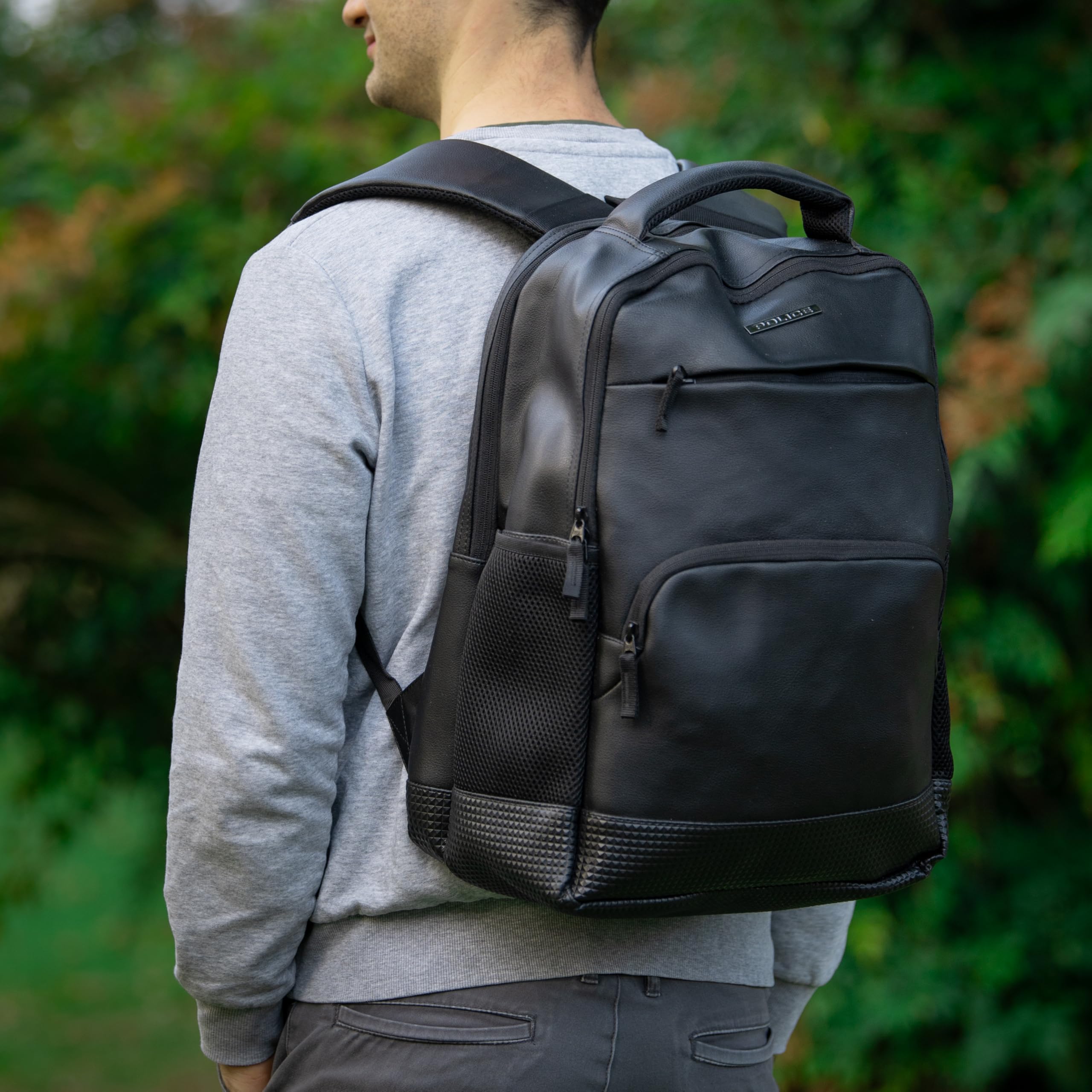 Police Zaino Casual Elegante Nero, in PU, Borsa Computer Lavoro Uomo, Spallacci Imbottiti, Durevole e Resistente, Università 30 L