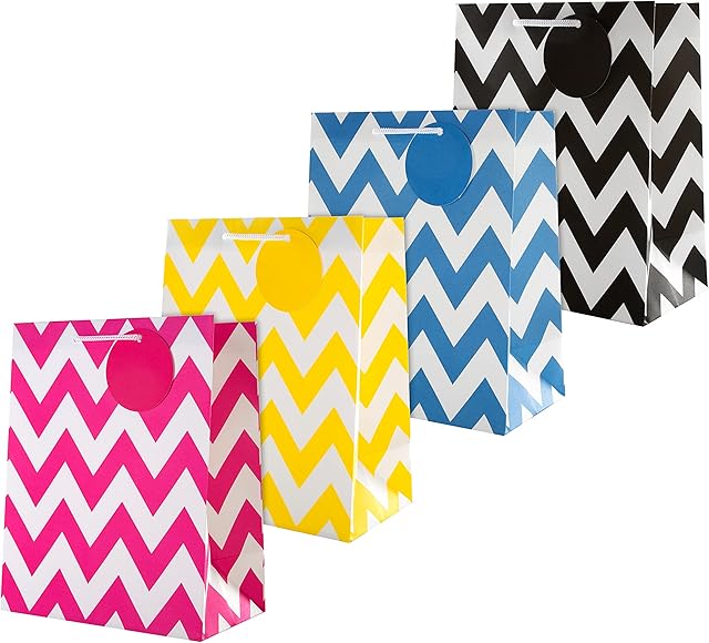 Hallmark Multi Occasion Gift Bags Bundle - 4 Medium Size Bags in 1 Contemporary Design (1 Pink, 1 Yellow, 1 Blue and 1 Black)
