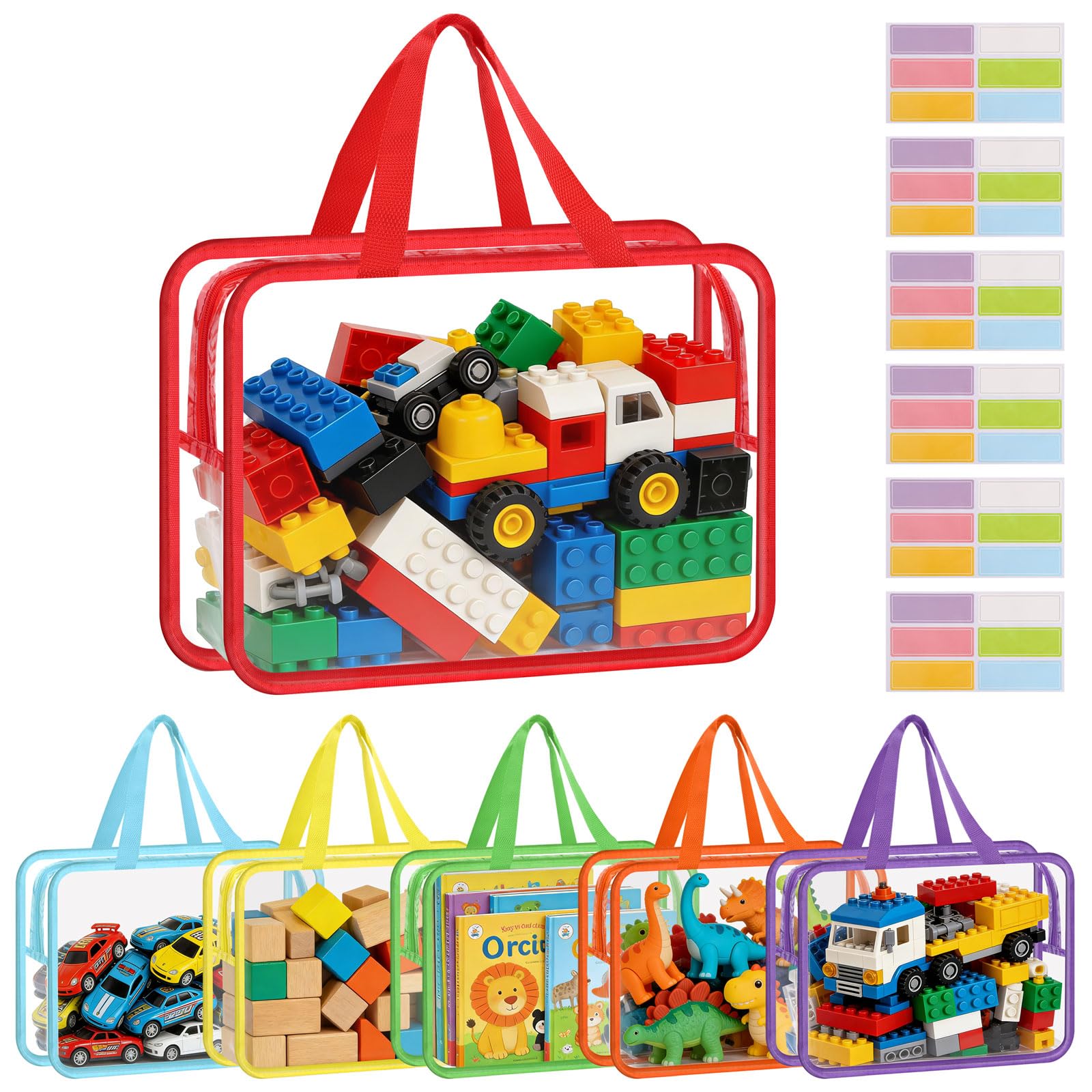 6 Pack Toy Storage Bags,Clear PVC Toy Organizing Bags with Handles,30 * 22 * 10CM Toy Zippered Blocks,Waterproof Reusable Zipper Organizing Bags for Puzzle, Clay, Book,Balls, Pretend Play Toys