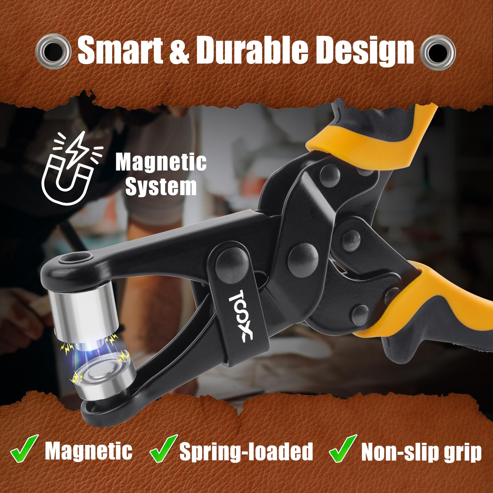 XOOL Pinza per Occhielli 2-in-1, Teste Intercambiabili 12 mm & 10 mm a Rotazione, Strumento per Forare con Sistema Magnetico per Tela, Pelle, Teli e Fai-da-te – 400 Occhielli e Rondelle Inclusi