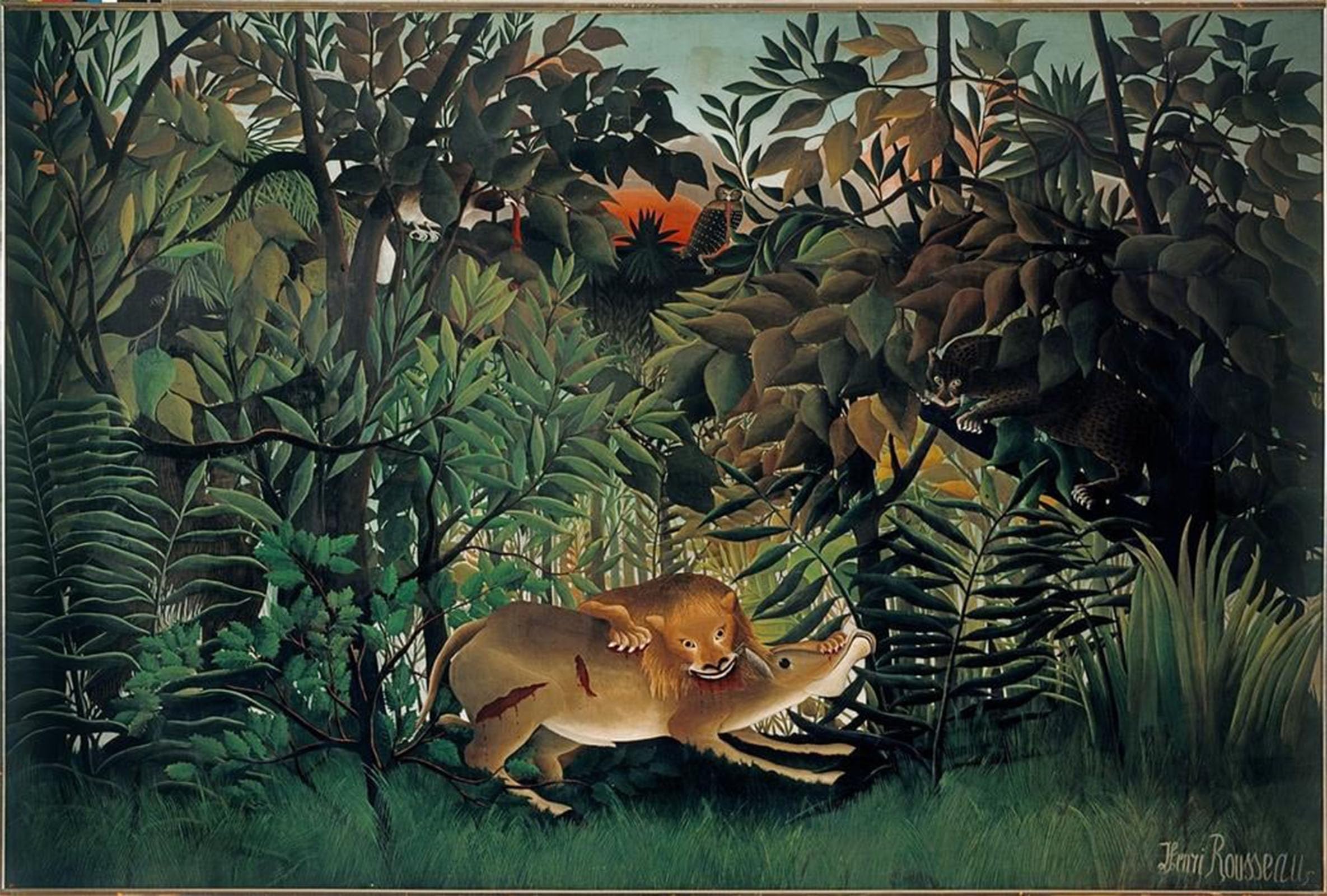 POSTERIIk Vintage Classic Picture Landscape Artwork the Lion Hungry Throws Himself on the Antelope by Henri Rousseau Portrait Canvas Painting for Office Home Decor 60x90cm