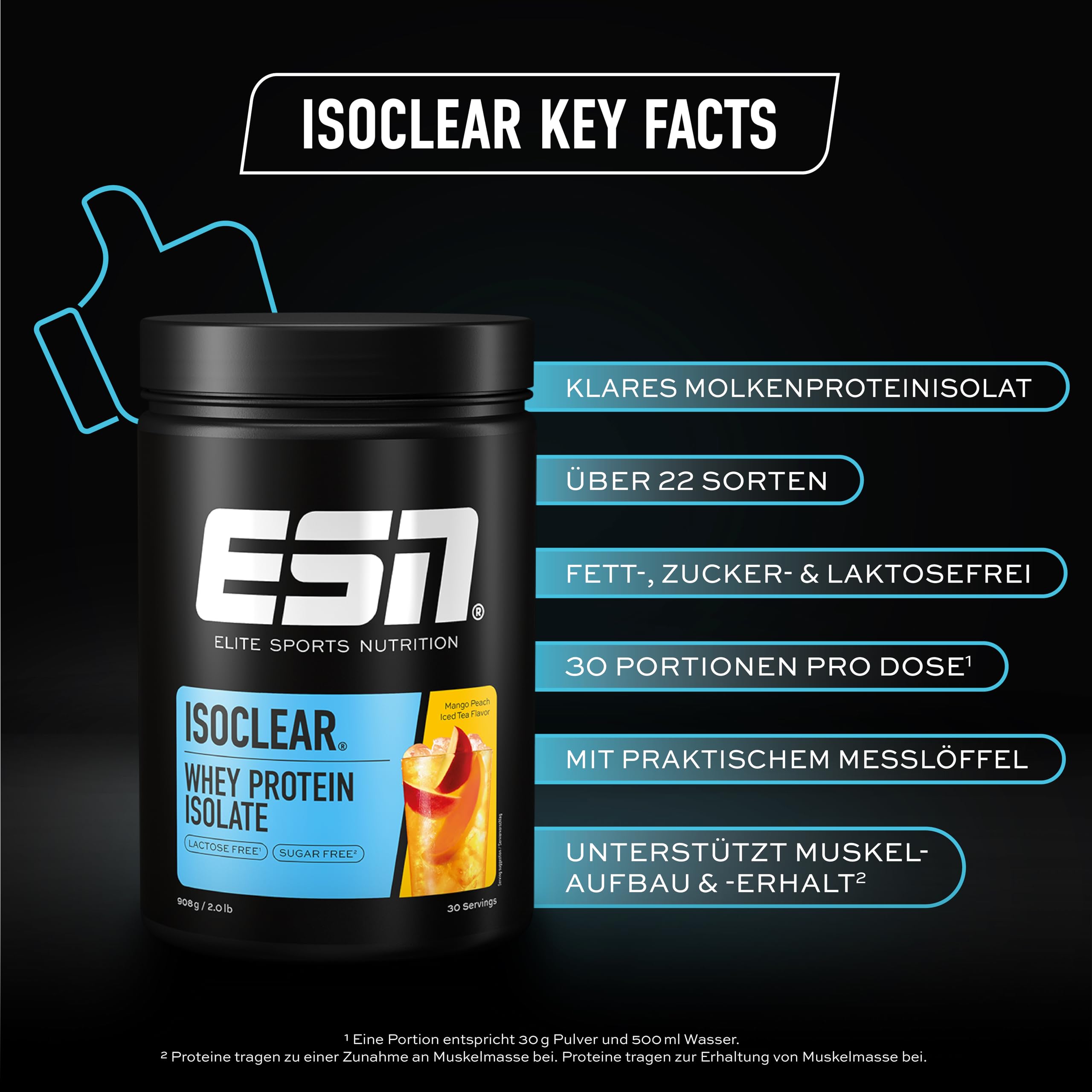ESN ISOCLEAR Whey Isolate Protein Pulver, Mango Peach Iced Tea, 908 g, Proteinlimo mit fruchtig leckerem Geschmack, clear Whey - made in Germany