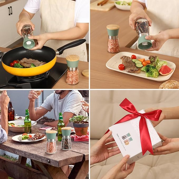 Set de salero y pimentero con tapa de bambú verde miniatura 6