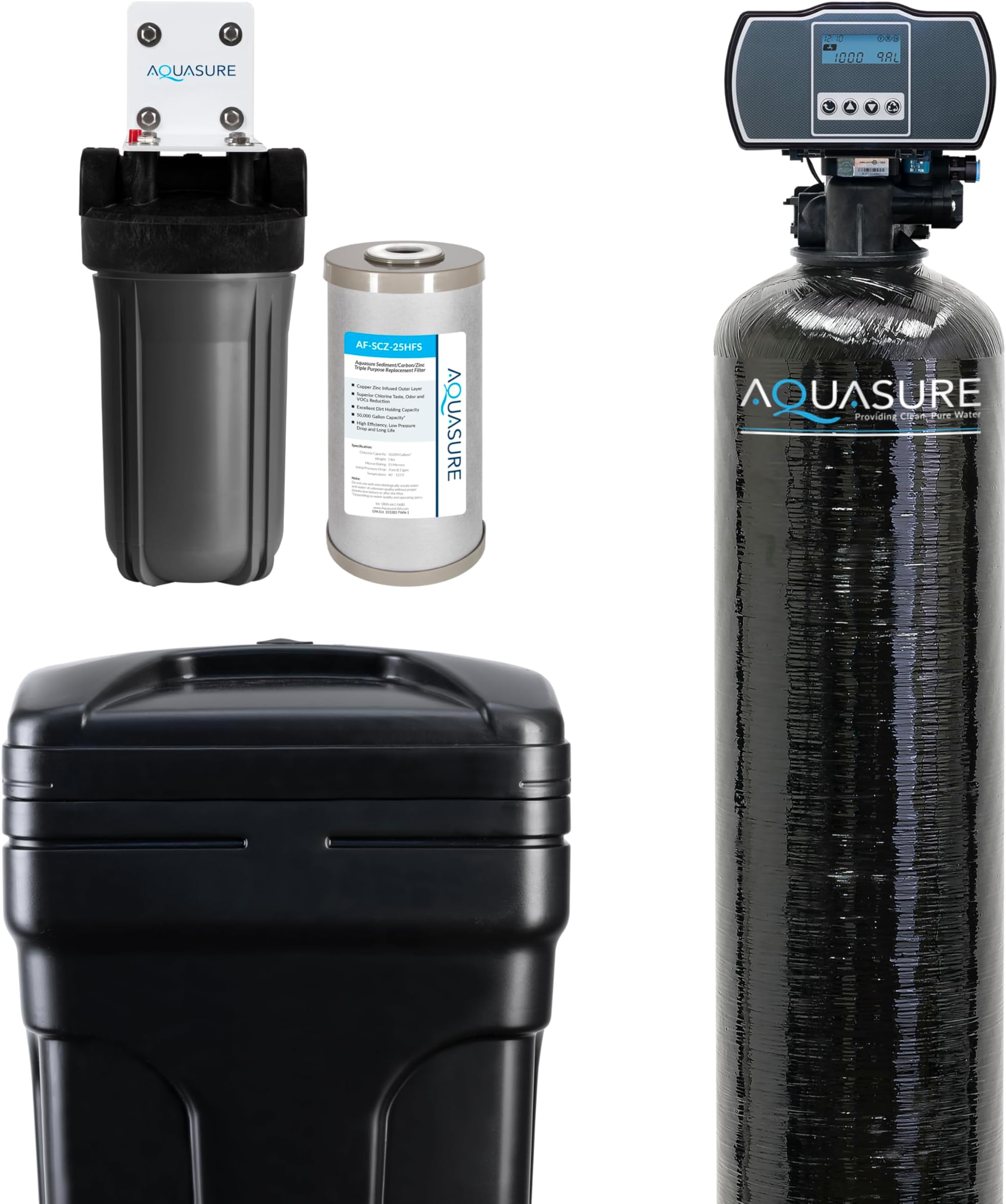 Aquasure Harmony Series 72,000 Grains Whole House Water Softener Bundle with Automatic Digital Control Head and Triple Purpose Sediment/Carbon/Zinc Filter System | Reduces Hardness (for 6+ bathrooms)