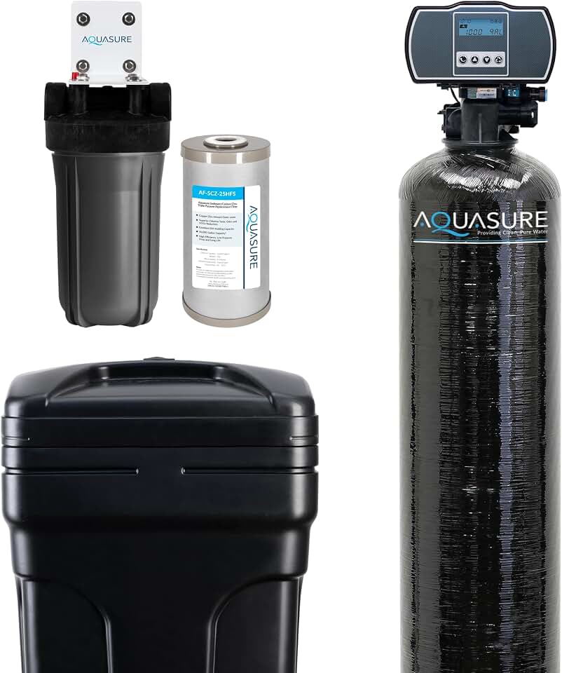 Aquasure Harmony Series 72,000 Grains Whole House Water Softener Bundle with Automatic Digital Control Head and Triple Purpose Sediment/Carbon/Zinc Filter System | Reduces Hardness (for 6+ bathrooms)