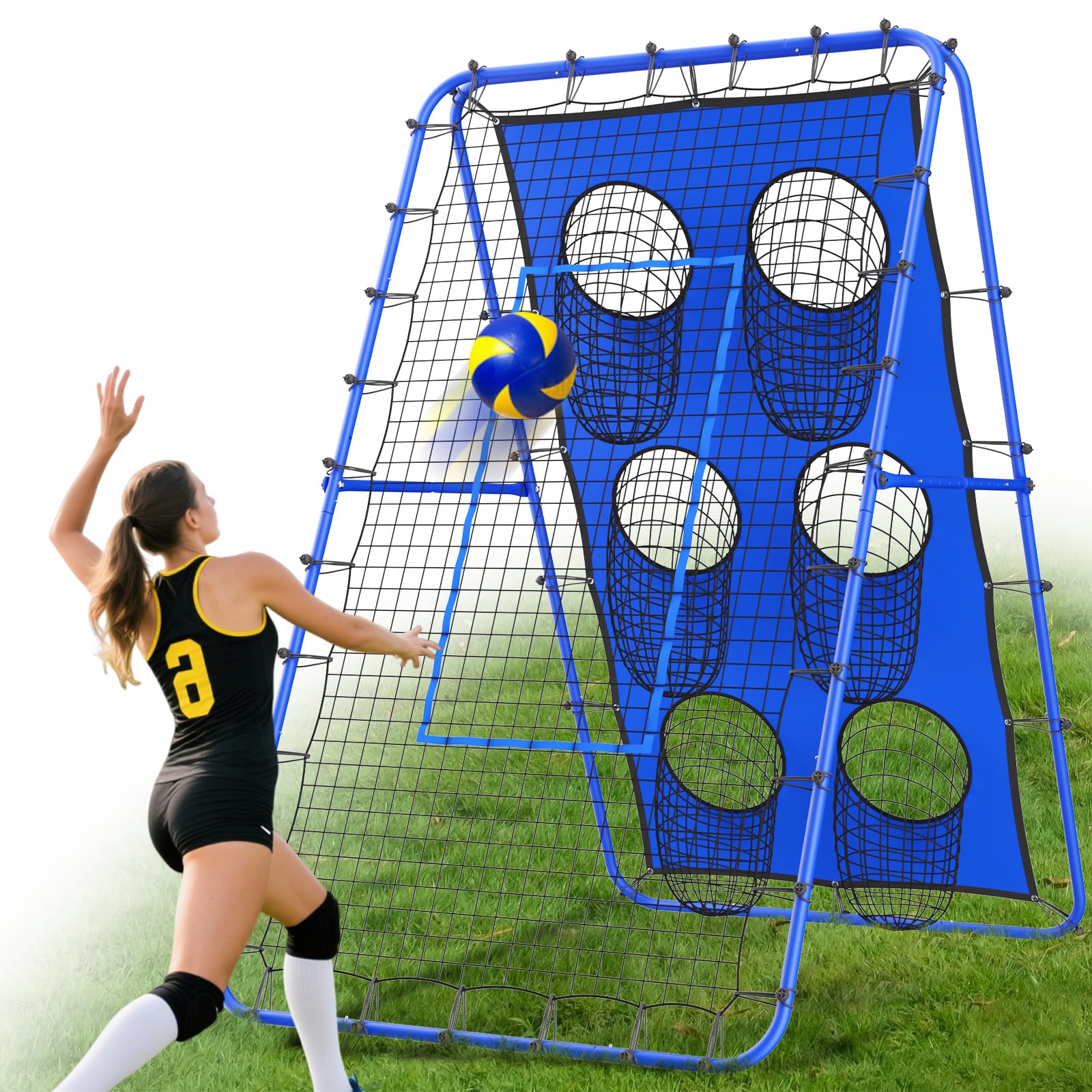 Filet de rebond volleyball 2,1 x 1,2 m réglable multi-angle avec piquets métalliques solides