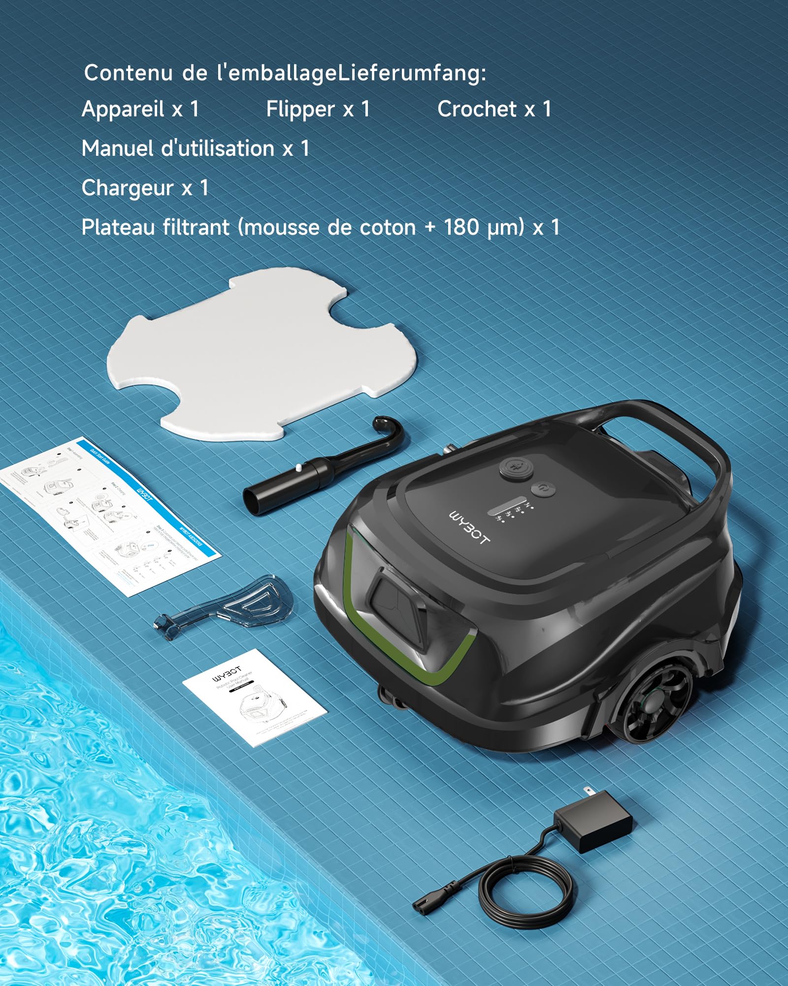 WYBOT A1p Robot Piscine Intelligent, Double Filtration, Autonomie 120 Min, Robot Piscine sans Fil Puissant pour Hors-Sol Et Plates, Élimine Débris, Stationnement Auto, Vert Olive