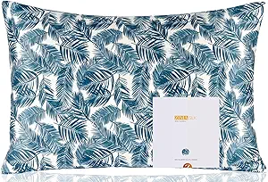 ZIMASILK 100% Pure Mulberry Silk Pillowcase for Hair and Skin Health,Both Sides 19 Momme Silk Floral Print,1pc(Queen 20''x30'',Blue Leaves)