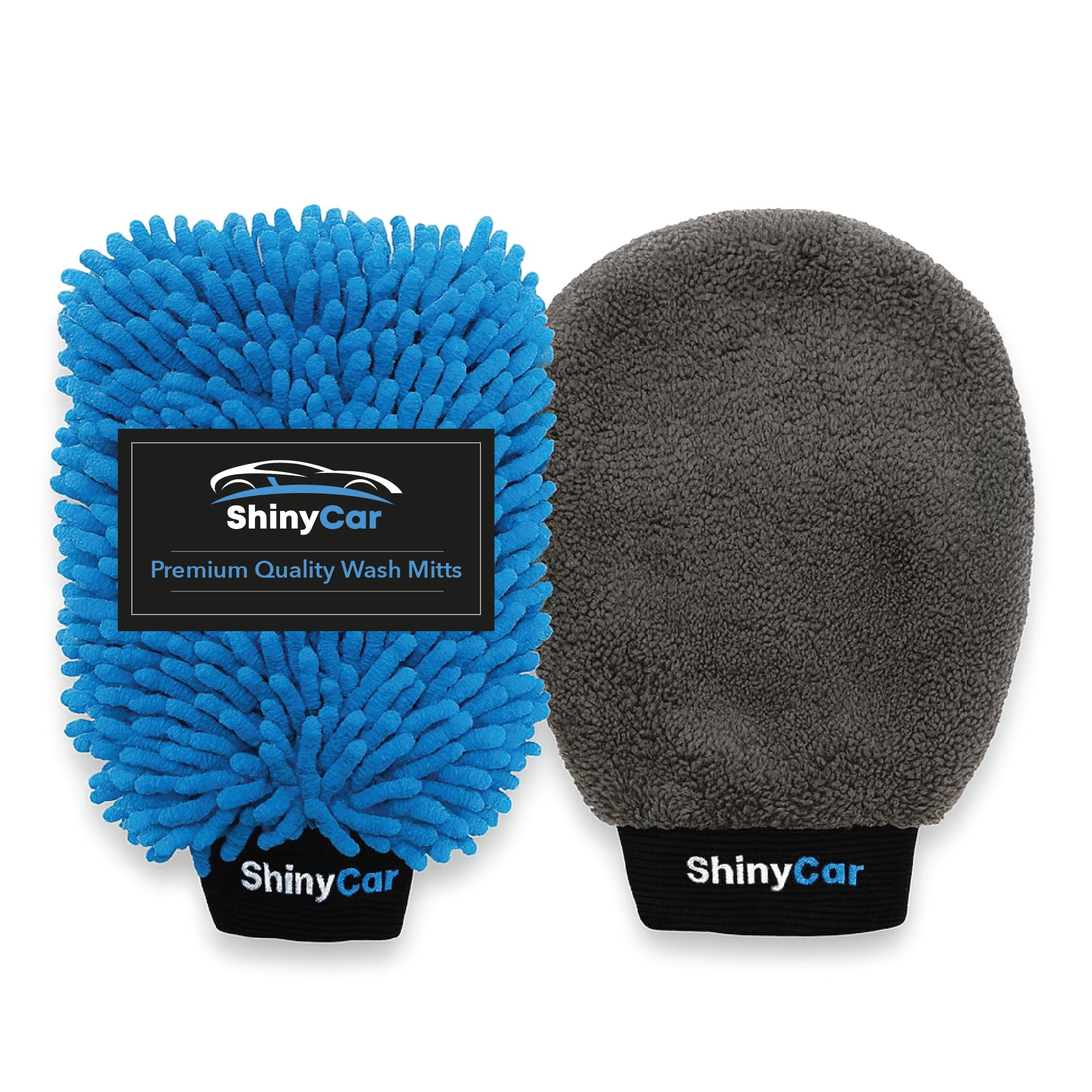 ShinyCar® UK: 2x Microfibre Car Washing Mitts: Streak-Free Noodle Glove for Lifting Dirt & Bug Remover with Fleece Polishing Side, Scratch-Free Cleaning, Safer On Paintwork Than Sponges or Wash Cloths