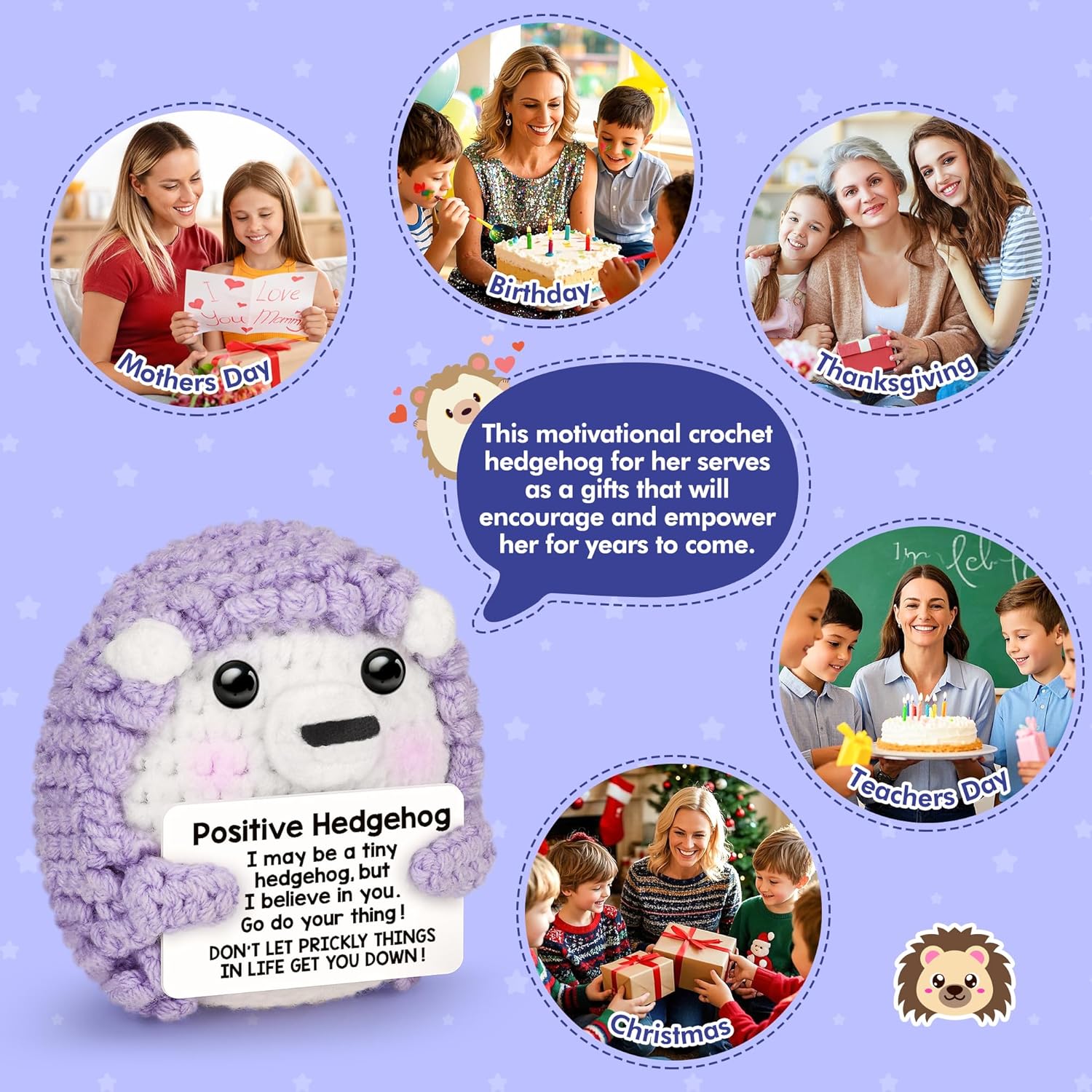 Valentines Day Gifts for Her Kids Daughter, Easter Basket Essentials Stuffers for Teens Girls Birthday Gift for Women Positive Crochet Animals Emotional Plush Support Handmade Hedgehog - Image 8