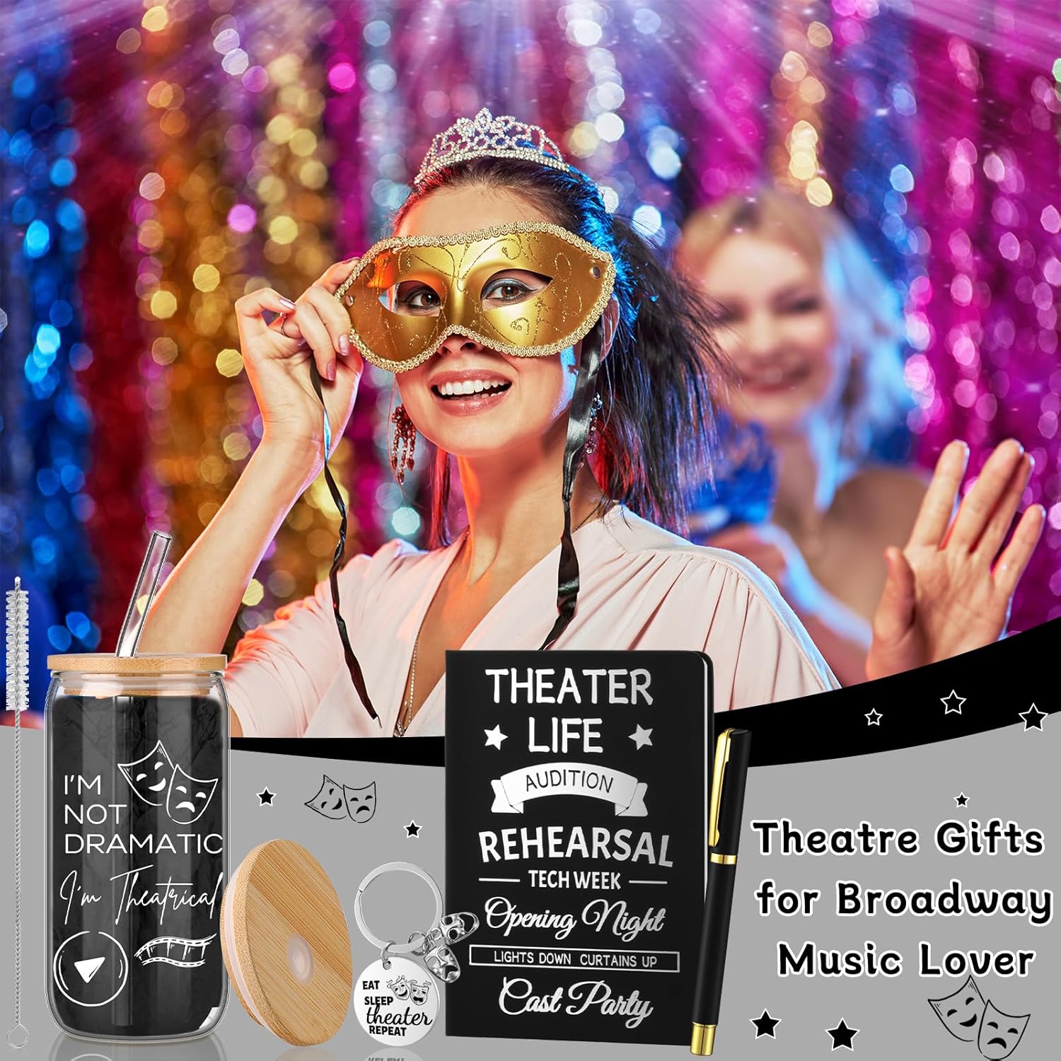 4 Pcs Theatre Gifts for Women Teens Theater Life 16oz Glass Cup Leather Notebook Ballpoint Pen Keychain Musical Broadway Graduation Gifts for Theatre Performers Directors Actors Drama Teacher(Black) - Image 5