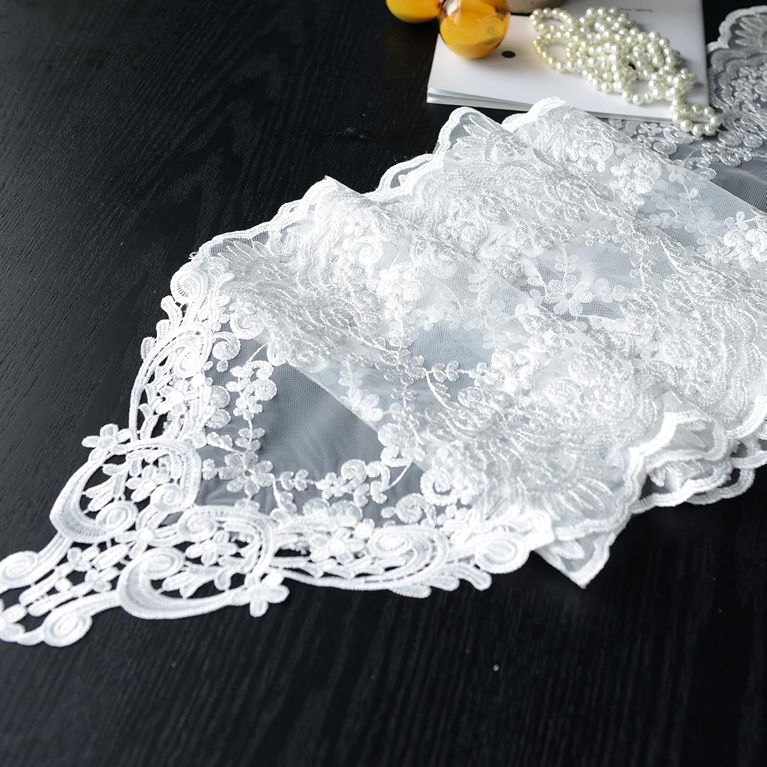SUTAVIA Lace Patio Table Runner Embroidered Dresser Scarf, Classic Rectangular Macrame Tablerunner,for Kitchen Dining Picnic Coffee Table,and Wedding Banquet Home Decoration(White, 12"×120")