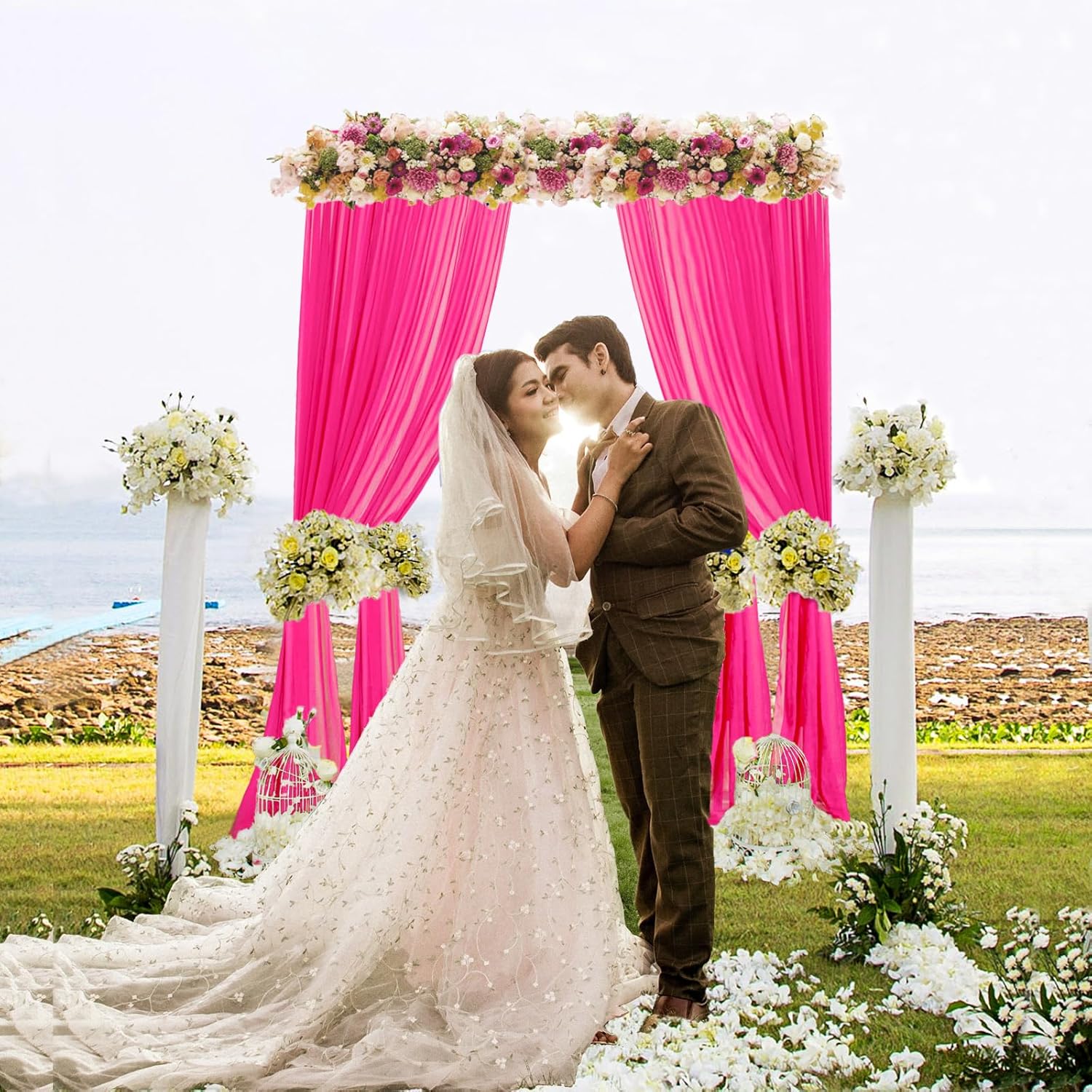 DUOBAO Sheer Backdrop Curtains for Parties Wedding Photo Backdrops Hot Pink 59'' Width Chiffon Drapes Beach Curtain for Prom Birthday Party Happy New Years, 2 Panels 29''x84'' - Image 2