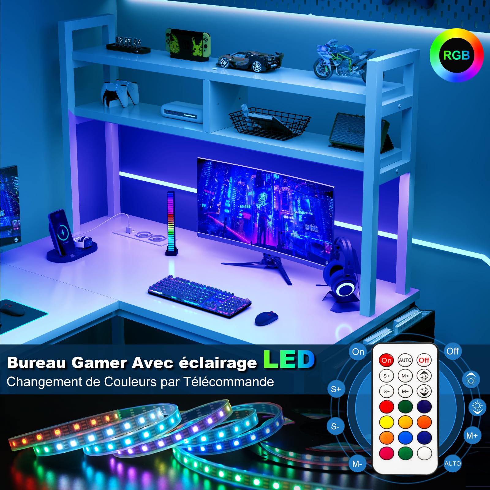Devoko Bureau Gaming avec LED 155 x 100 cm, Bureau d'angle Gaming avec 2 Prises de Courant et 2 Ports USB, Bureau Informatique avec Etageres de Rangement, Structure en Acier, Blanc