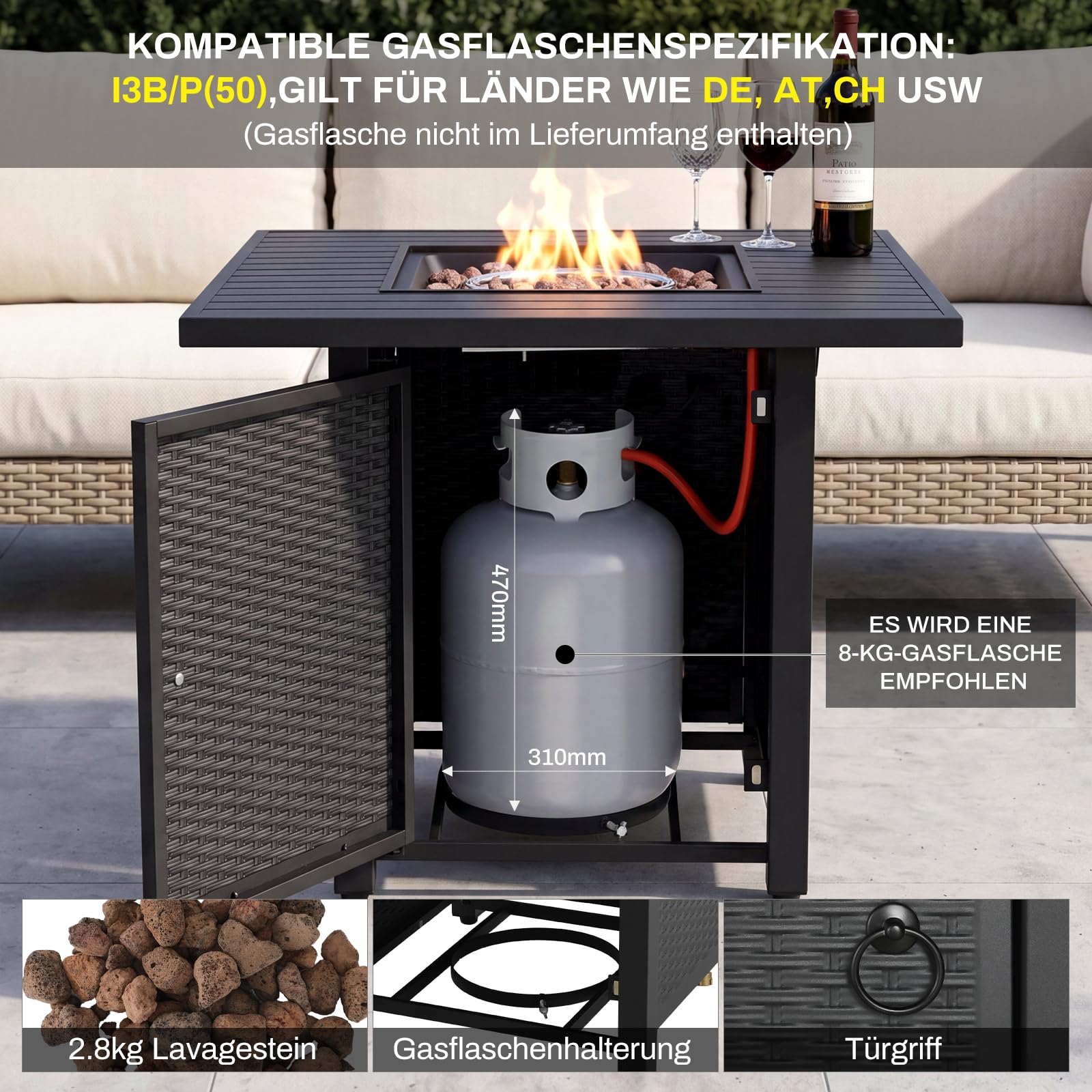 TLGREEN 30" Gas Feuerstelle Outdoor, Feuertisch mit wasserfester Schutzhülle &Lavasteinen, 76*76*64 cm, 14.5 kW, Gasfeuerstelle Garten, Balkon, Gas feuerschale, Gas Gartentisch, Gaskamin, 4PCS Füße