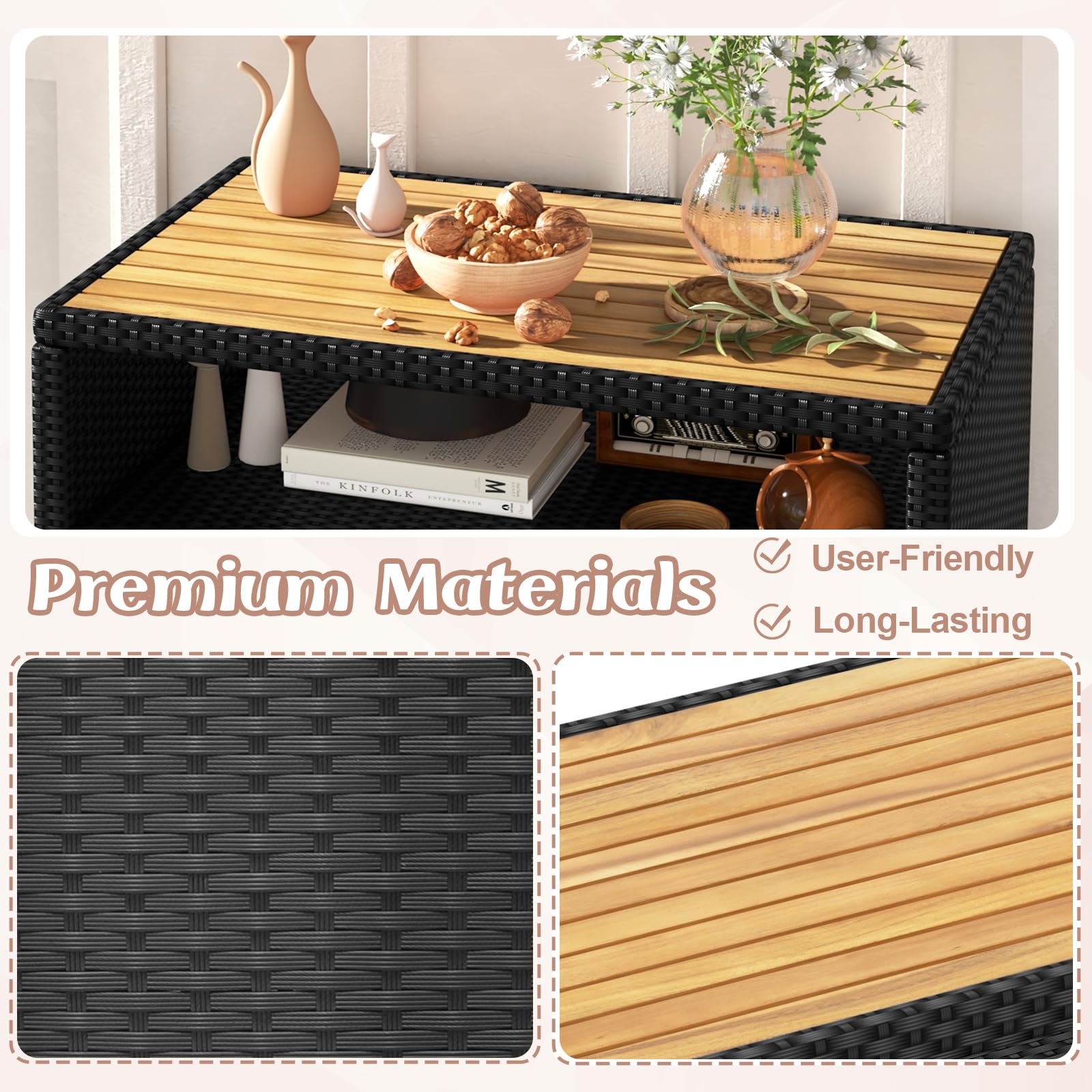 KOMFOTTEU Gartenschrank aus Rattan, Aufbewahrungsschrank Sideboard mit Arbeitsplatte aus Akazienholz, Garten Schuppen mit Doppeltüren, Rattanschrank 90 x 53 x 86 cm (Schwarz)