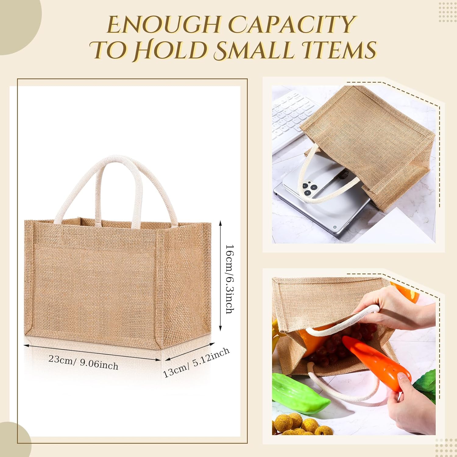 Cunno 12 Pcs Burlap Tote Bag Mini Jute Reusable Bag with Handles Small Blank Canvas Gift Waterproof for Wedding Beach DIY - Image 3