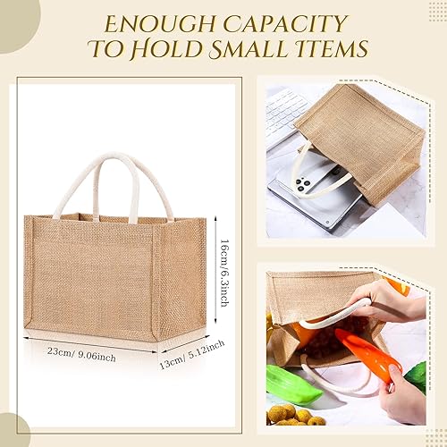 Vista 8 de Cunno 12 Pcs Burlap Tote Bag Mini Jute Reusable Bag with Handles Small Blank Canvas Gift Waterproof for Wedding Beach DIY