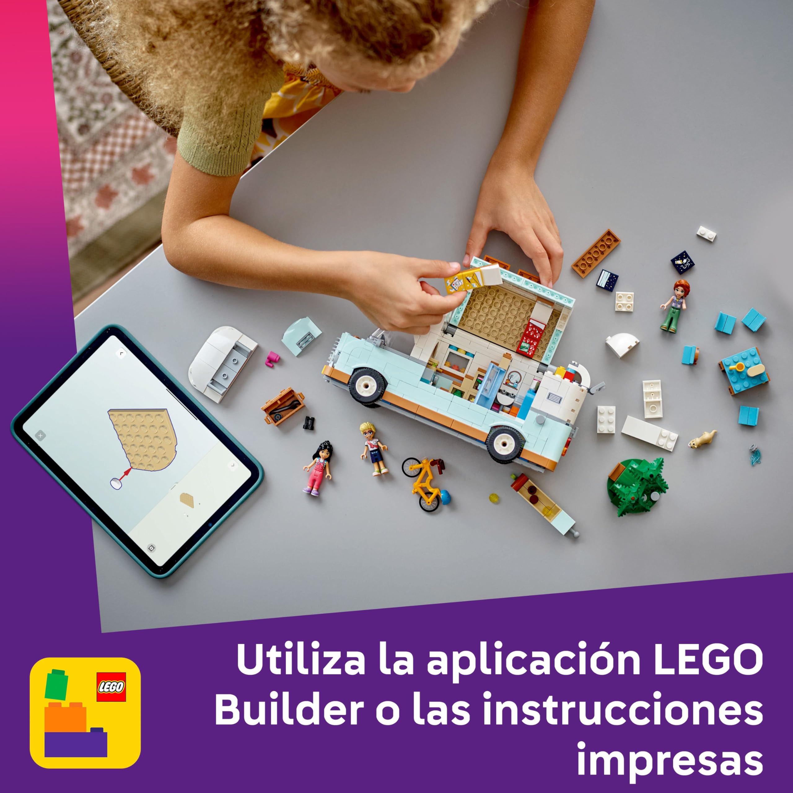 LEGO Friends Aventura en la Caravana de la Amistad, Autocaravana de Juguete con 3 Mini Muñecos, Figura de Hurón, Regalo para Niñas de 7 Años o Más, Furgoneta Camper, Prismáticos y Más Accesorios 42663