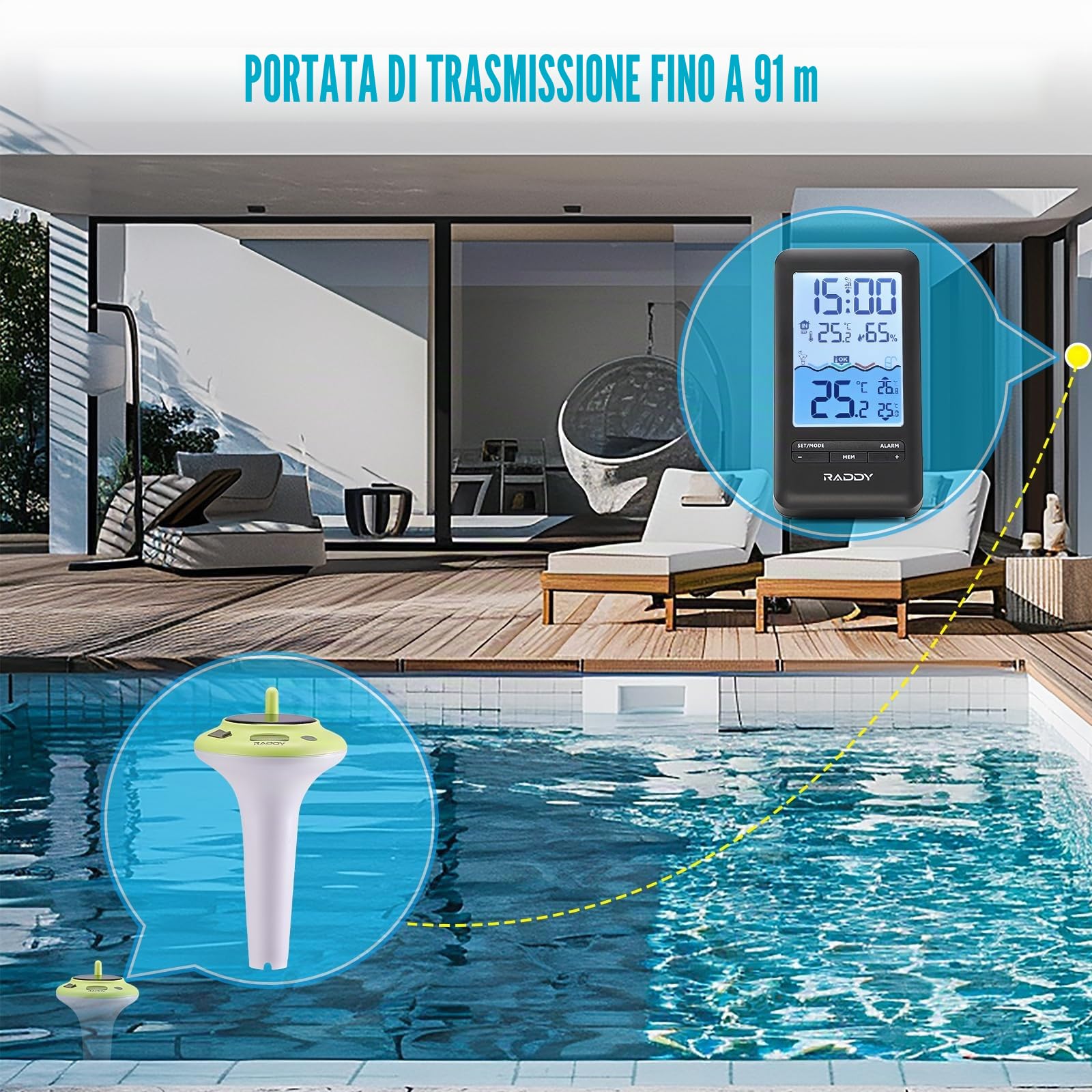 Raddy PT-5 Wi-Fi Termometro per piscina, Console interna, APP monitoraggio remoto tramite, IPX8, ricaricabile tramite energia solare e USB-C, per piscina, vasca idromassaggio, Stagno