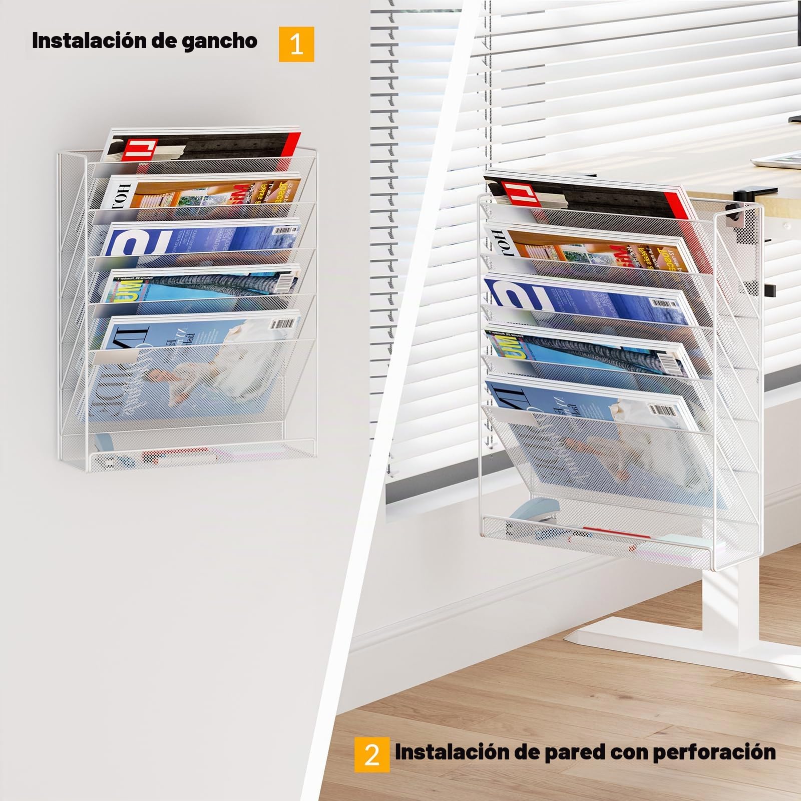 Organizador de archivos sin taladrar, soporte A4 y suministros de oficina, almacenamiento de revistas y pancartas de pared