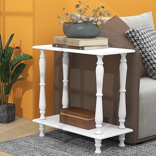 TaoHFE Mesa auxiliar estrecha blanca de madera, estilo francés, mesa auxiliar de sofá de 24 pulgadas con estante abierto, mesa de noche retro de 2