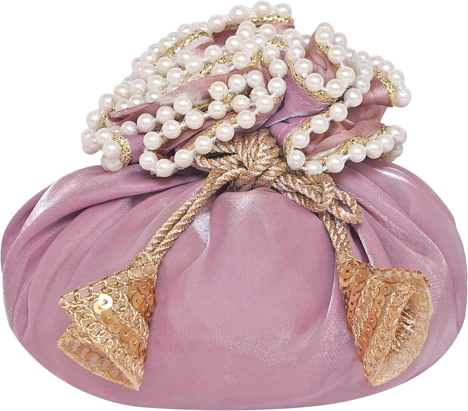 Imperial Packing Designer Potli Pouch with Pearl Embellishments, Golden Lace, Wedding Favour Bag, Gift Packing, (Lavender)