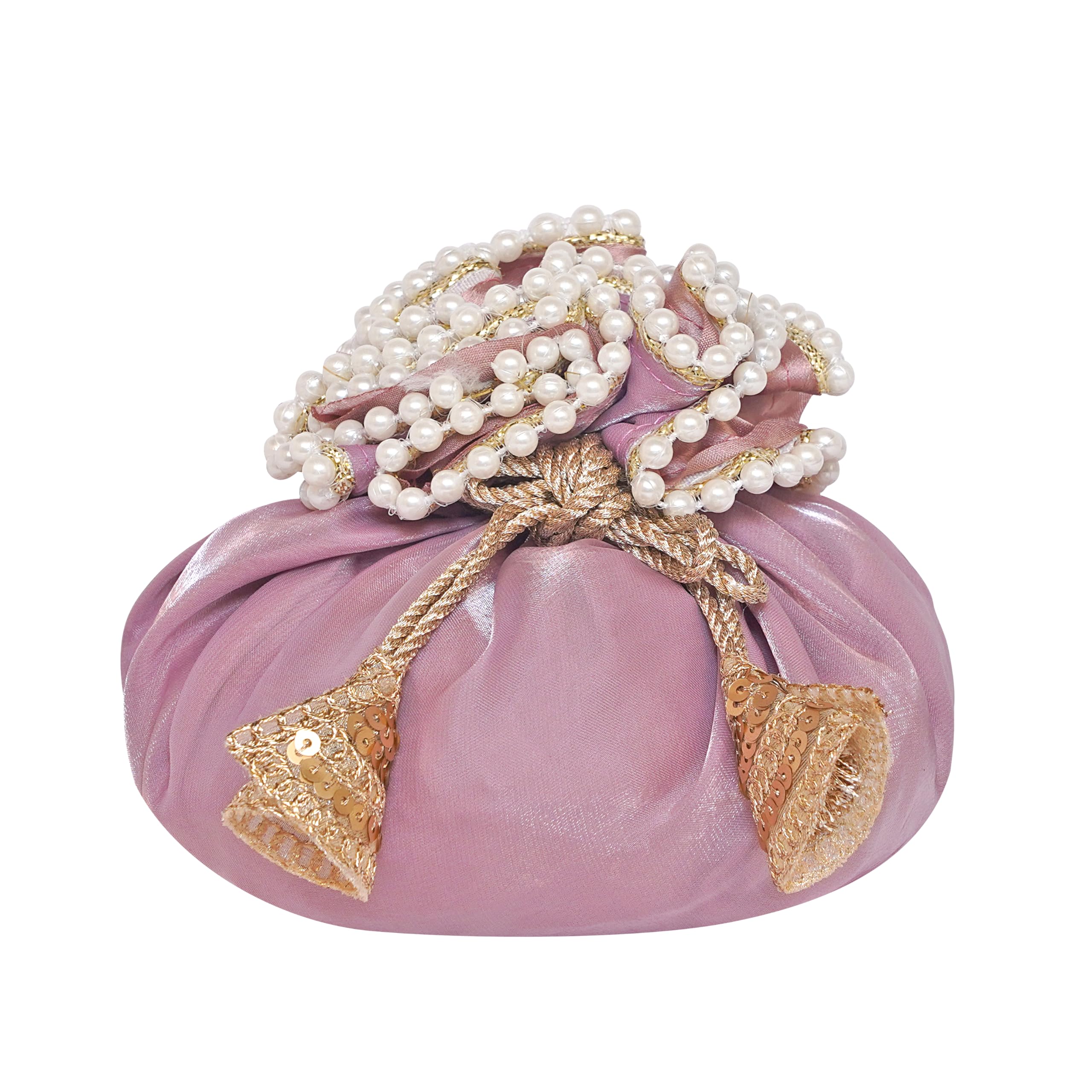 Imperial Packing Designer Potli Pouch with Pearl Embellishments, Golden Lace, Wedding Favour Bag, Gift Packing, (Lavender)-image-14