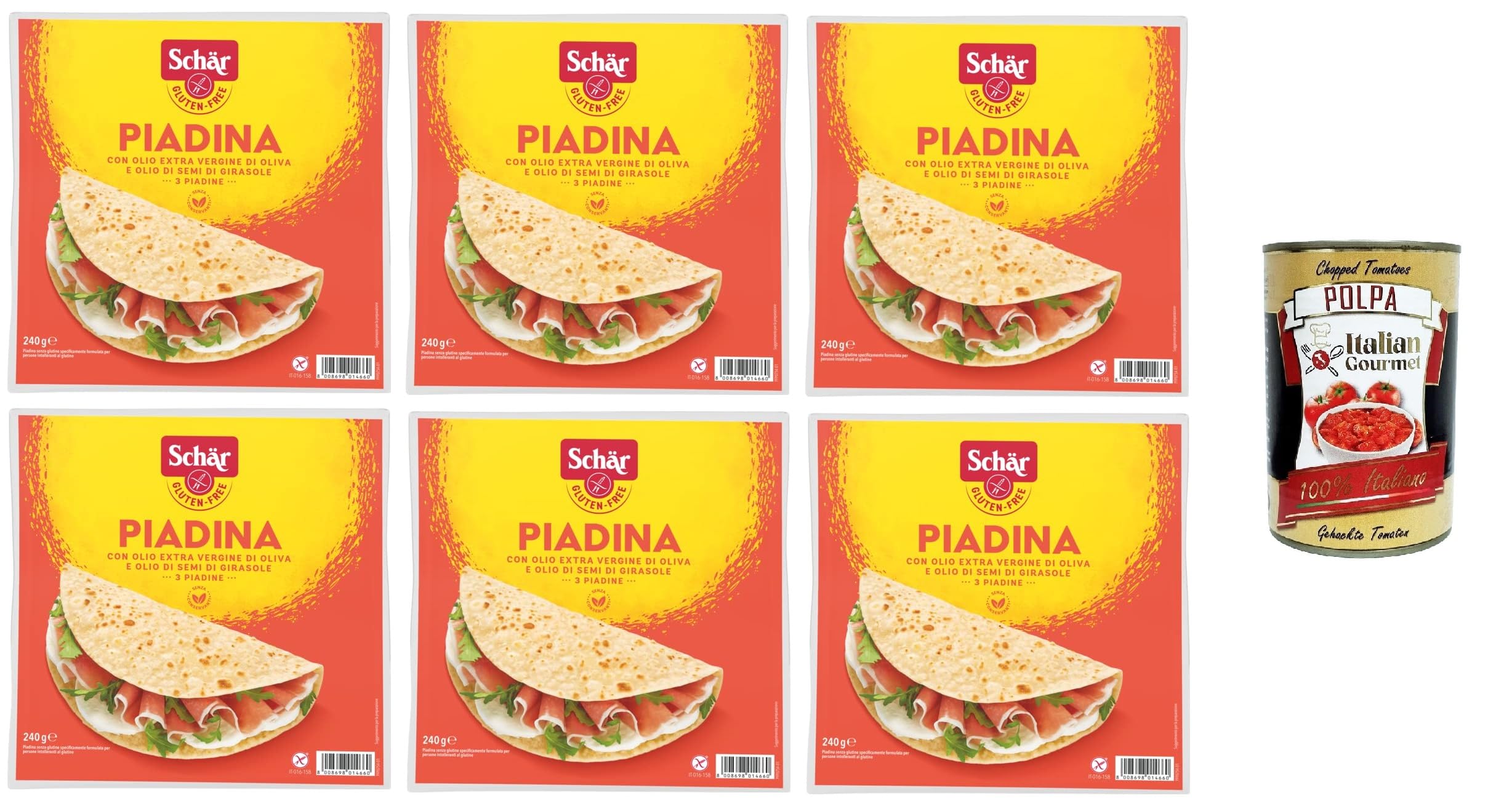 Italian Gourmet Bundle Glutenfreie Piadina 6x 240g + Italian Gourmet Polpa Gratis – Italienische Fladenbrote mit Olivenöl & Sonnenblumenöl laut Verpackung, 18 Piadine, Vorrat 1,44kg