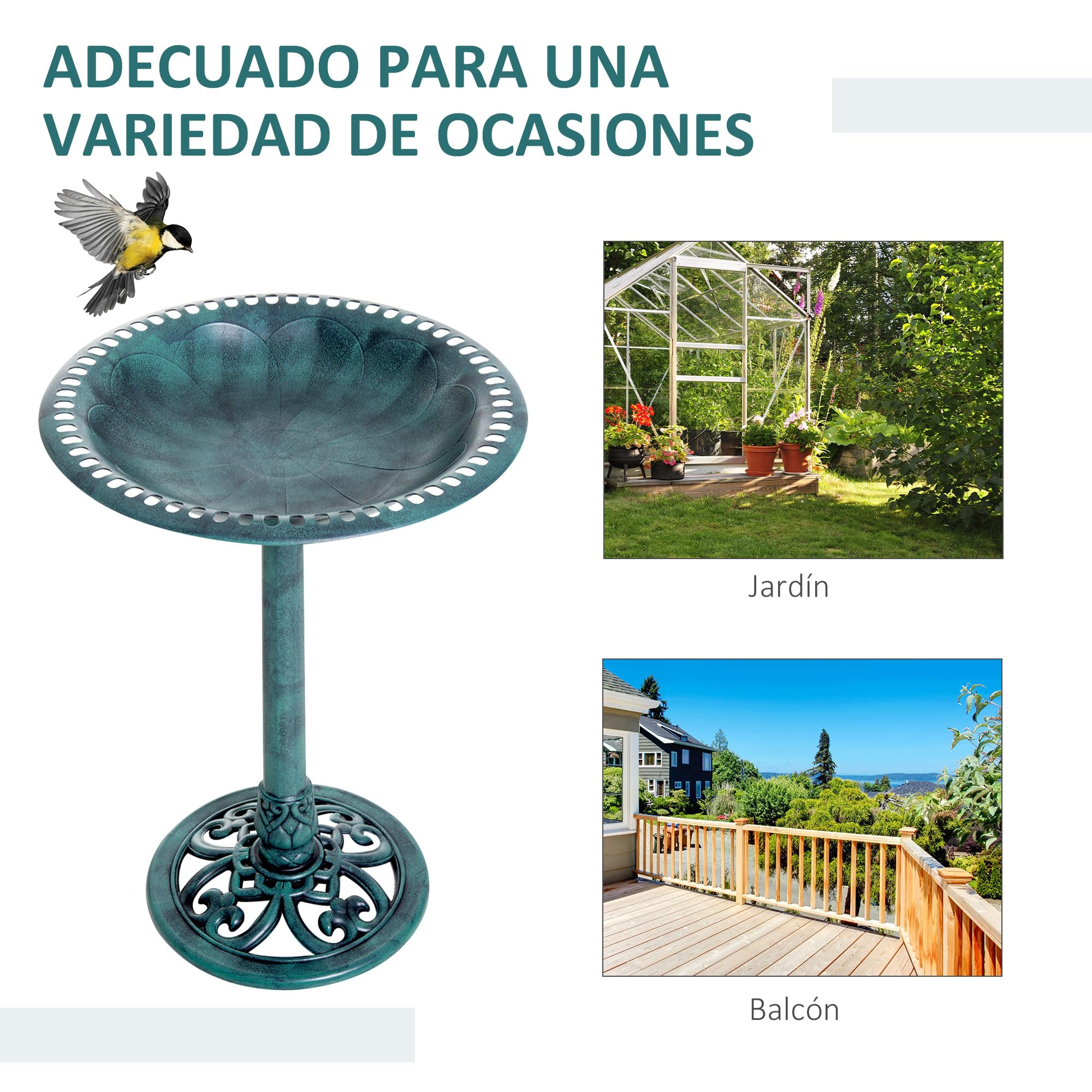 Outsunny Baño para Pájaros de Jardín al Aire Libre, Altura 70 cm, Comedero para Pájaros con Diseño de Flor de lis y Acabado Envejecido, Ligero y Resistente, Bebedero para Aves, Verde