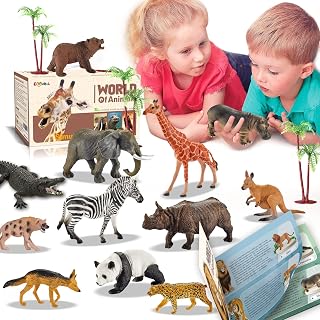 Enaurol 31PCS Realistic Safari Jungle Animals Playset: 24 Zoo Figures, Trees, Booklet & Storage - Toddler Toys 3+ Gift
