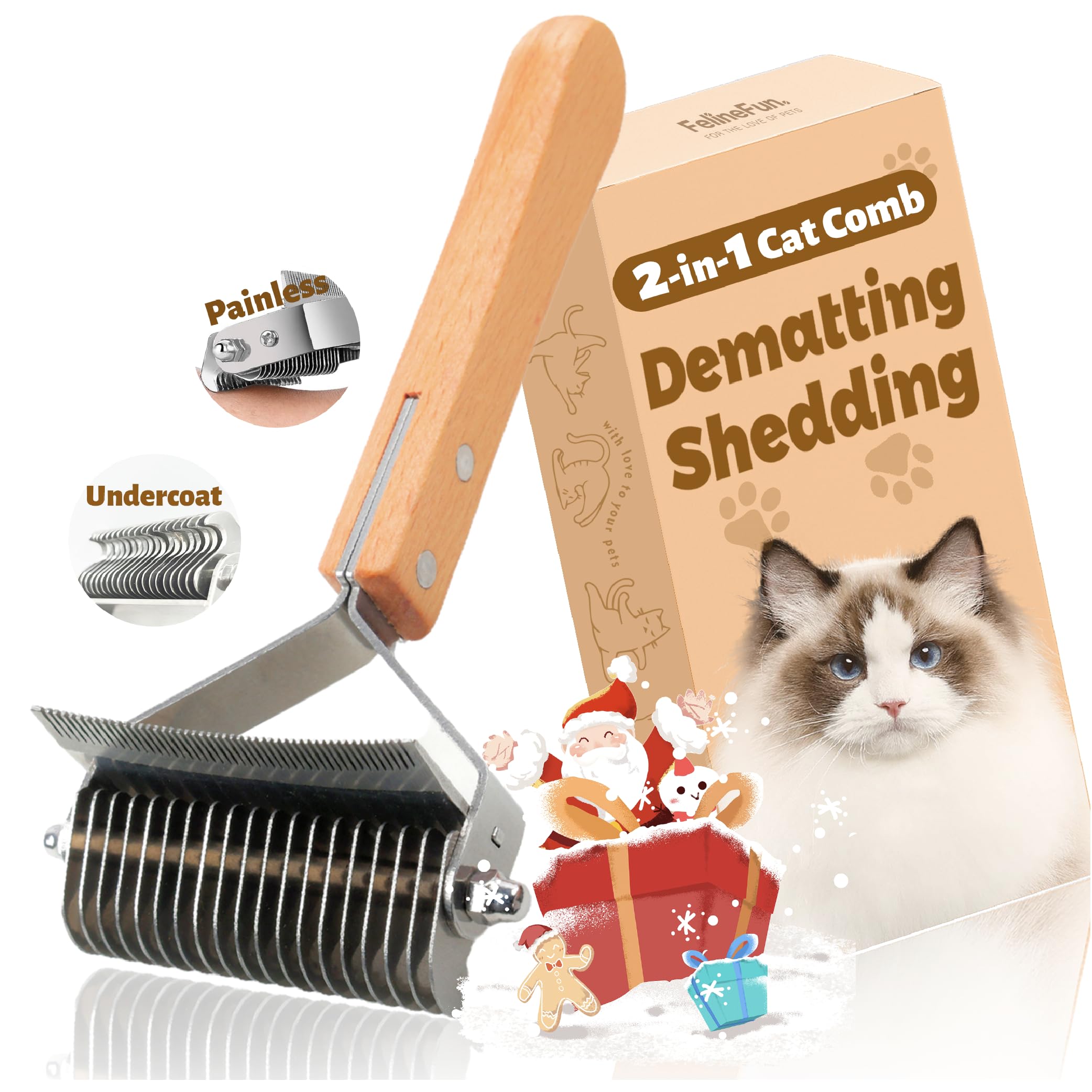 FelineFun Cat Brush for Dematting & Deshedding, 2 in 1 Undercoat Rake, Efficiently Remove Loose Hair & Matted Fur, Professional Shedding Comb for Indoor Cats & Long Haired Cats
