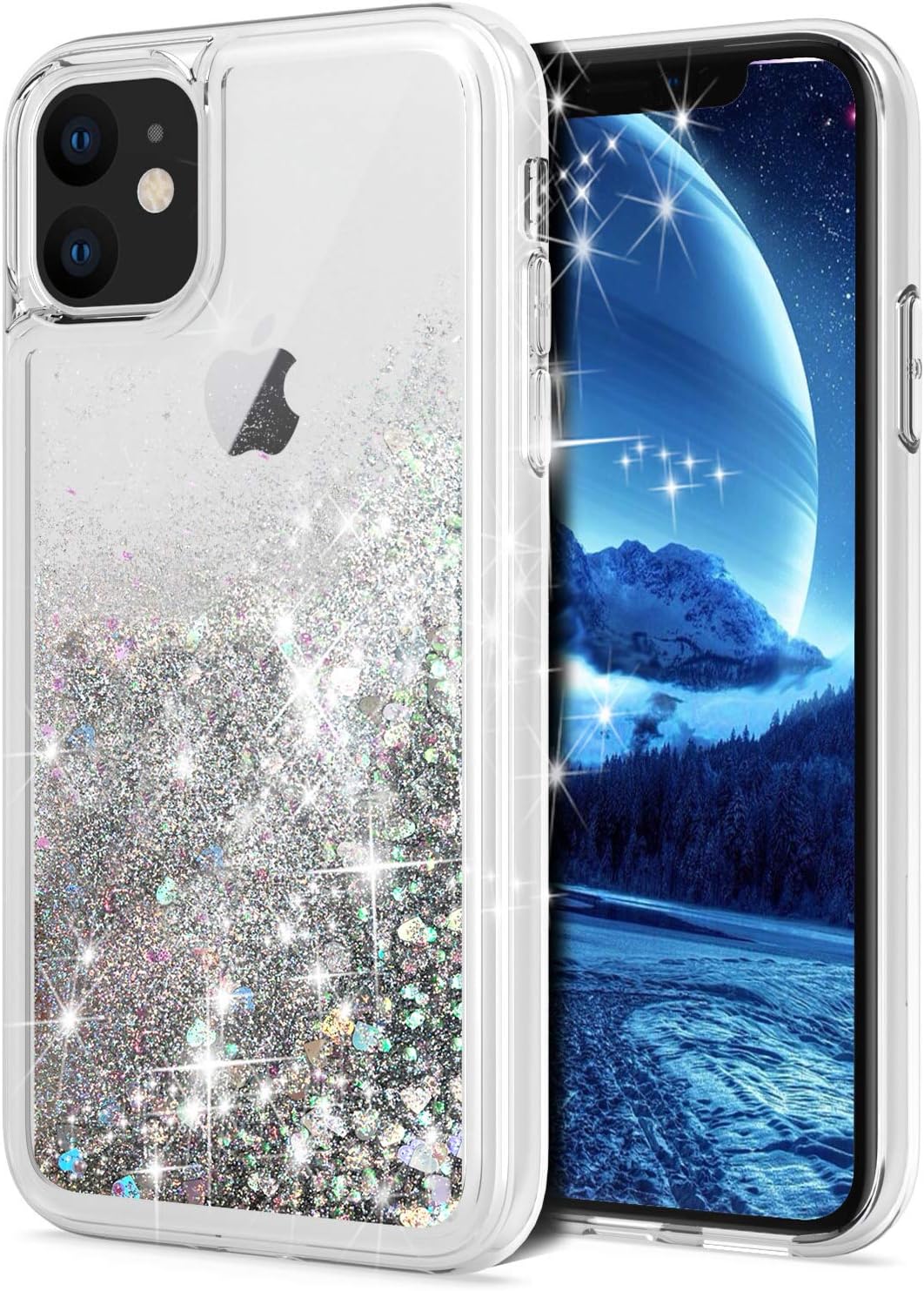 for iPhone 11 Case, Double Layer Design Bling Flowing Liquid Floating Sparkle Colorful Glitter Waterfall TPU Protective Phone Case for iPhone 11 [6.1 inch 2019], Silver
