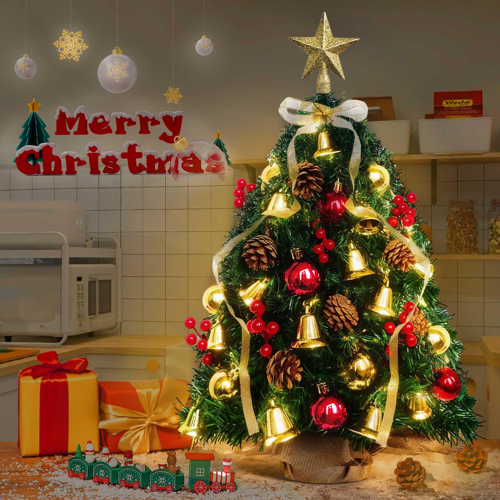 Mini Albero di Natale Con illuminazione a LED, 60 cm Corona Dell'albero di Natale, Scatole Regalo Decorate e Ornamenti da Appendere, Albero di Natale Artificiale Multifunzionale…