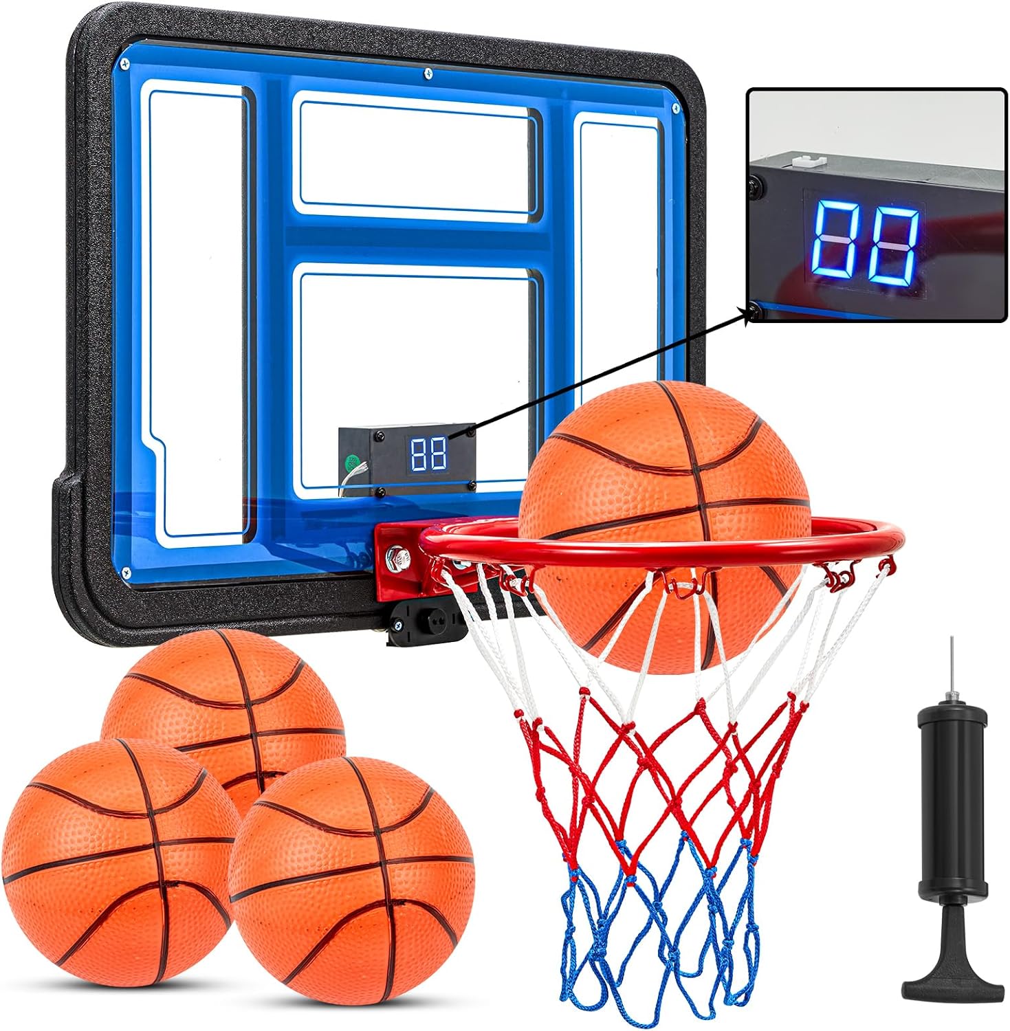 24" x 16" Large Basketball Hoop Indoor for Adults, Over The Door Basketball Hoop for Men, Teens, Boys, Girls, Sturdy Backboard with Score Counter, Includes Balls and Pump, Gift, Blue