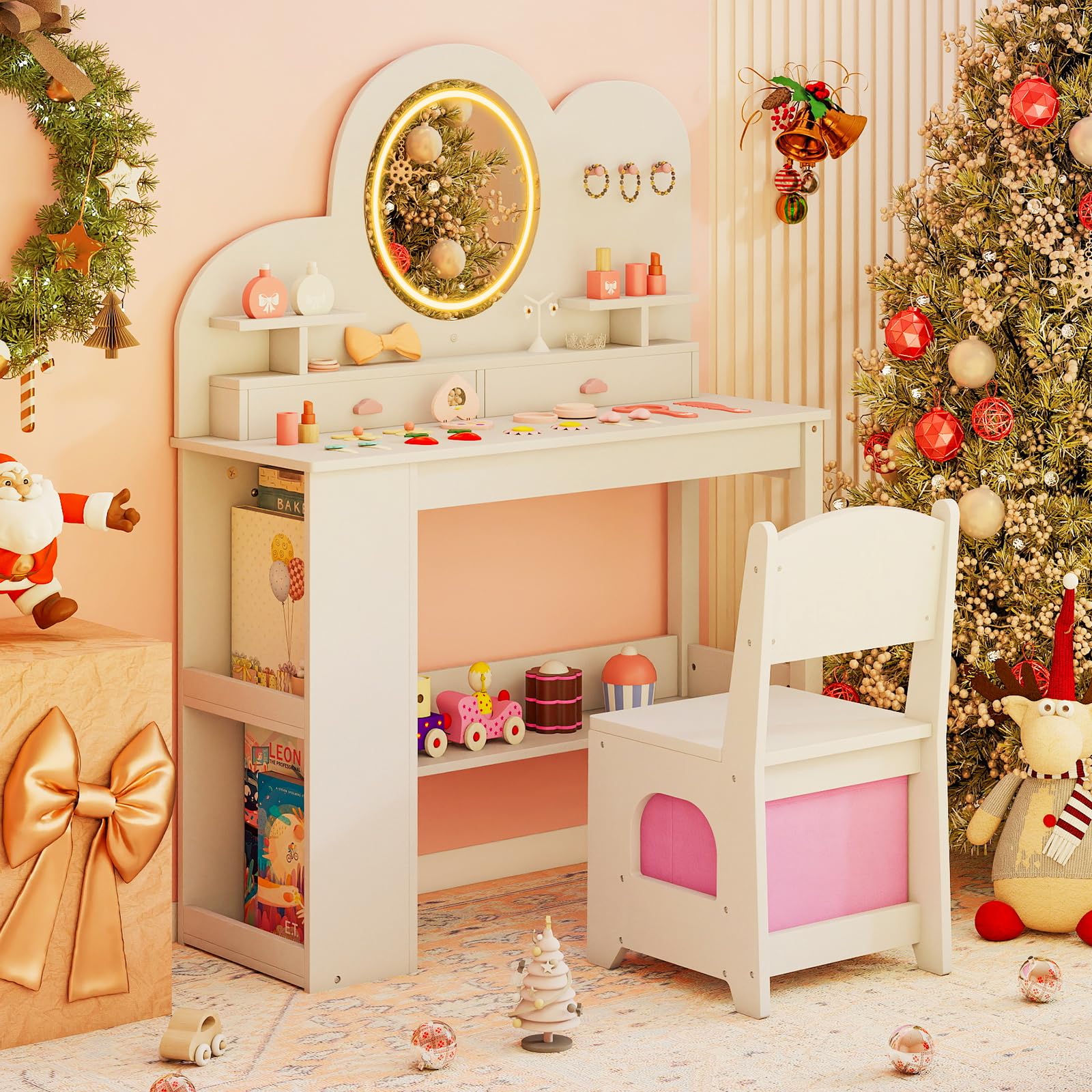 LIFEZEAL Tocador Infantil con Espejo Iluminado LED, Set de Tocador y Silla Princesa, Mesa 2 en 1 con Estantes y Cajones, Almacenaje Seguro para Niñas Desde 3 Años (Blanco)