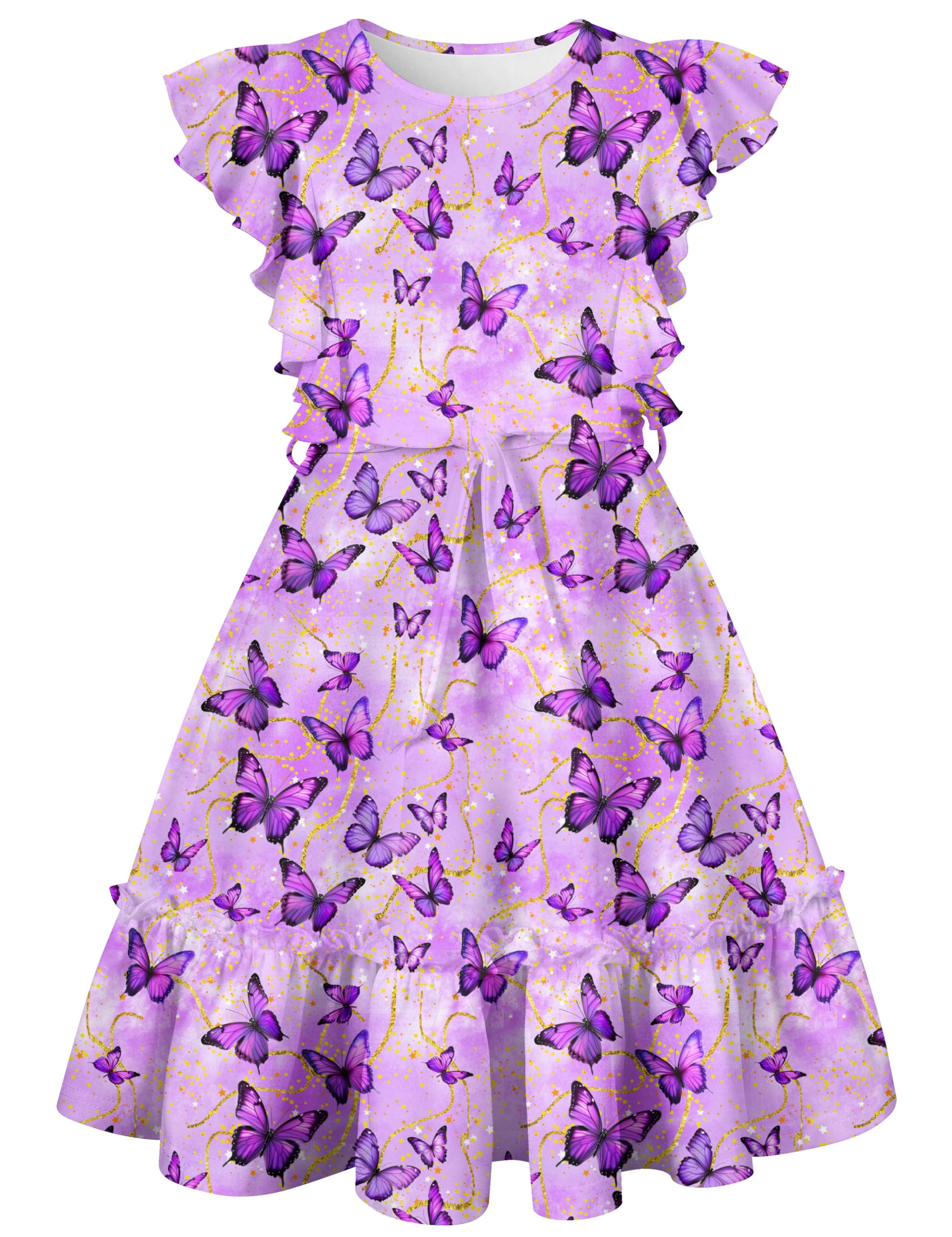 Funnycokid Girls Ruffle Sleeve Dress Kids Summer Clothes Flutter Hem Sundress Outfit with Belt 6-13 Years
