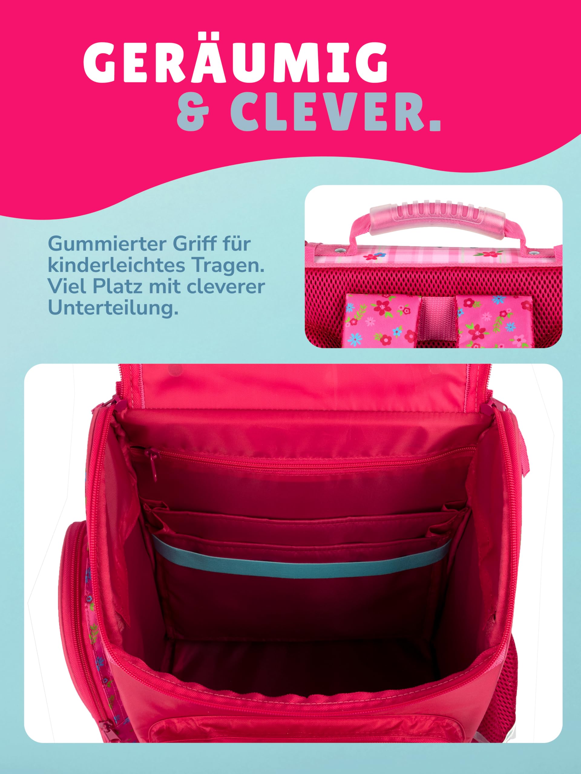 Familando - Schulranzen Set CLOU - 9-teilig mit Sporttasche - Pferde - Ergonomisch, stabil & mit gepolstertem Rücken - 930g leicht - 15L Volumen - Mit Reflektoren - Für Grundschule ab 1. Klasse