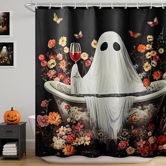 MelonBoat Halloween Shower Curtain: Rustic Ghost Halloween Shower Curtain Set, Funny Bathroom Decorations for Home Window Farmhouse Indoor Decor, 72' x 72'