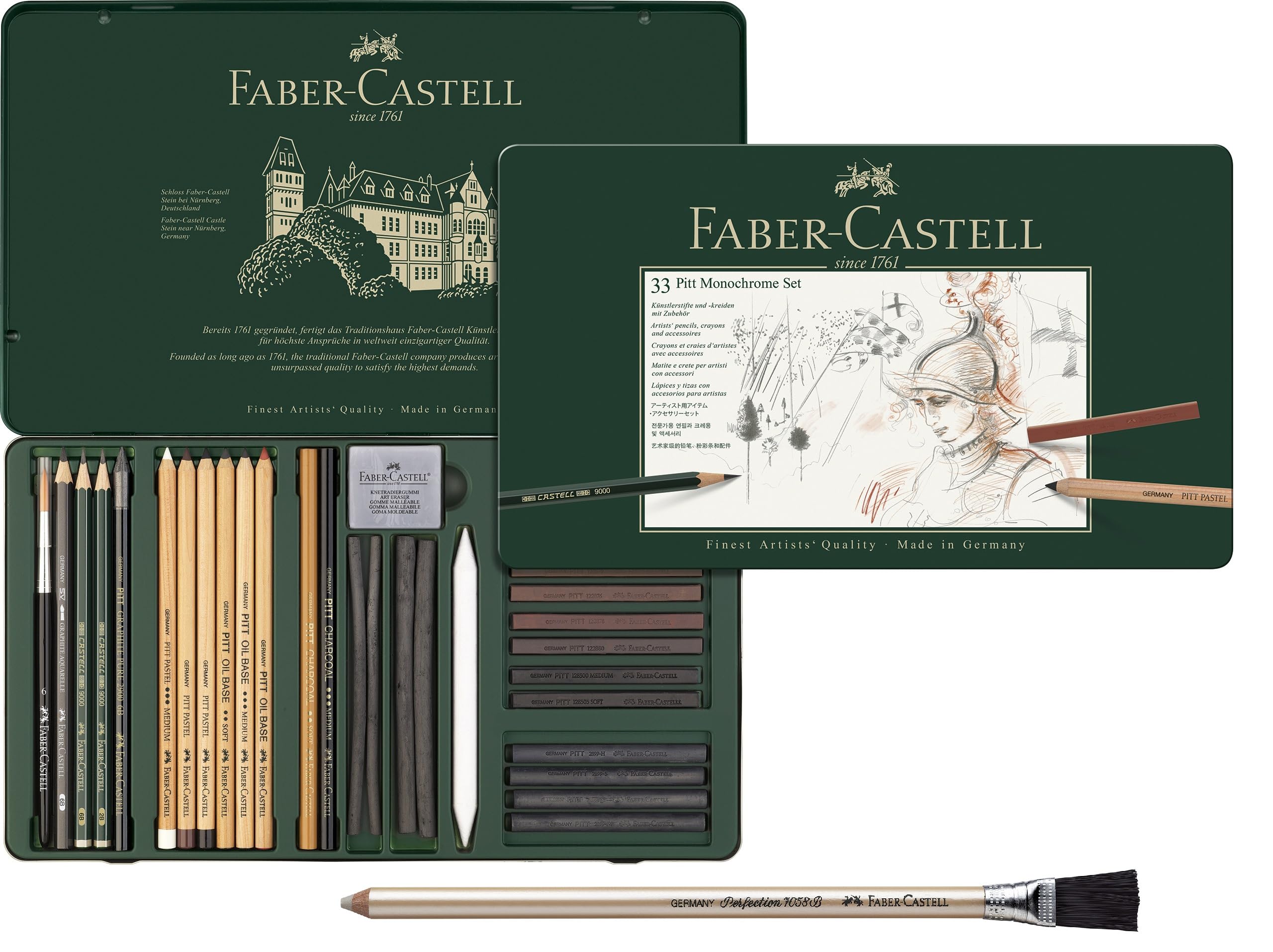 Faber-Castell 112975 - Pitt Monochrome Set im Metalletui, klein, 12-teilig (groß mit Pinselradierer)