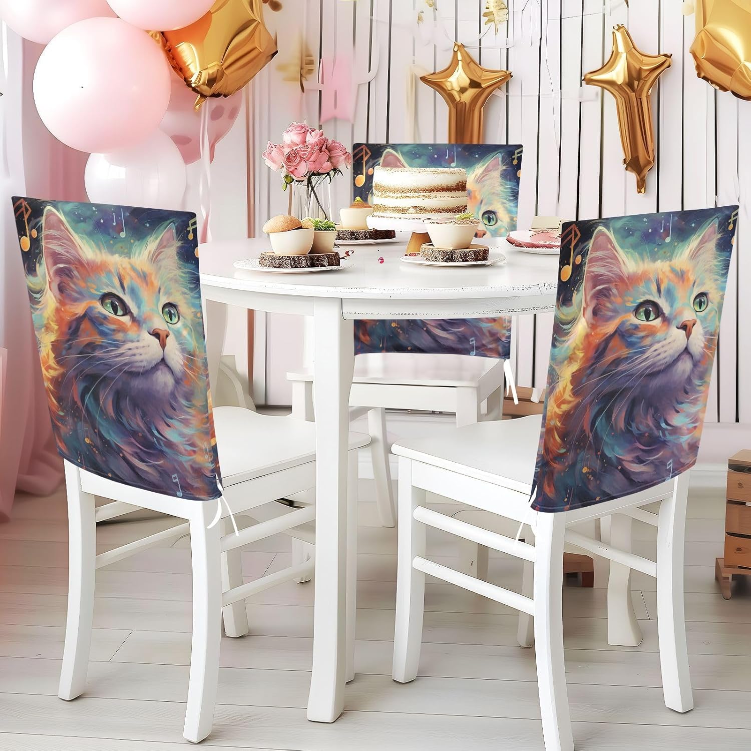 ALAZA Cat Music Notes Galaxy Chair Back Cover Set of 6, Washable Reusable Removable Chair Slipcovers Decorative Chair Cover for Home Kitchen Wedding Party