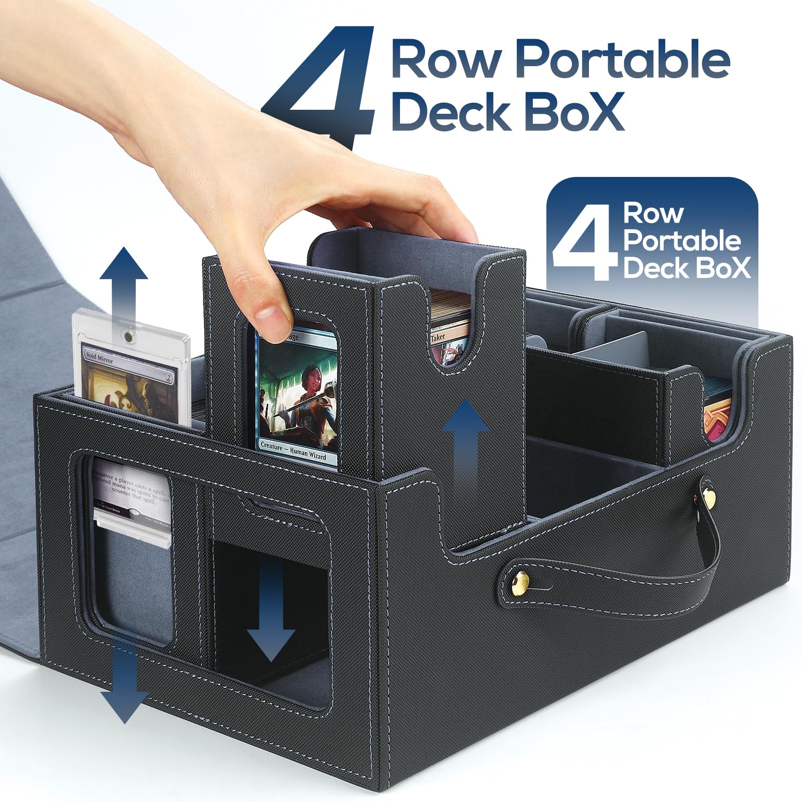 Boîte de Rangement de Cartes avec Poignée, Boîte pour Deck Commander pour MTG & TCG, Boîte de Rangement de Cartes à Échanger avec 4 Toploader, 4 Stoppeurs, 4 Séparateurs Colorés. (Noir & Gris)