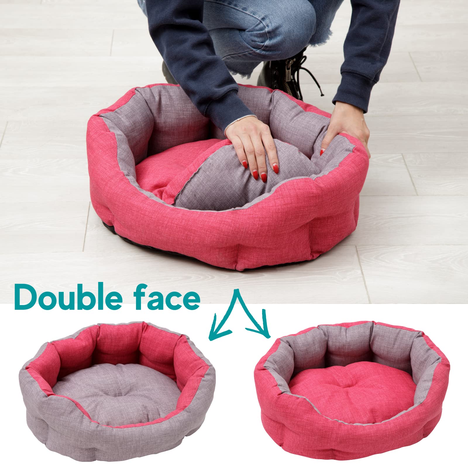 Baroni Home Cuccia per Cane e Gatto in tessuto Grigio e Bordeaux Taglia M 45x55 cm, Morbido Divano Ovali, Comodo, per Camera da Letto Salotto Corridoio, Lavabile