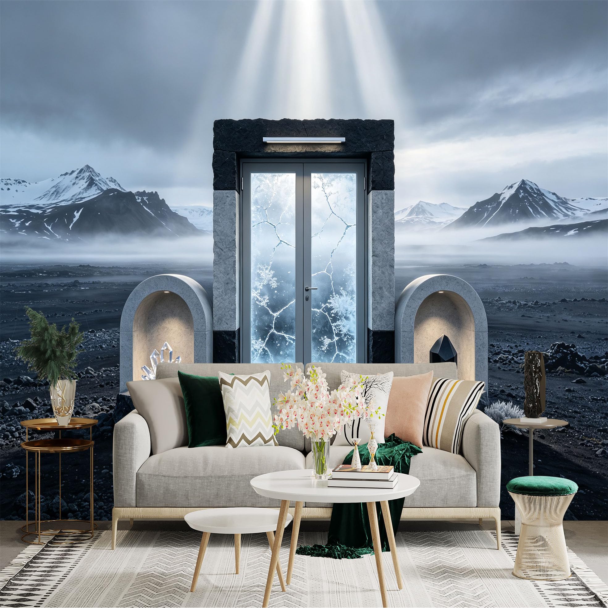 Custom Size Wall Sticker Mural， Frozen Mountain Landscape， Mystic Stone Portal， Arctic Scenery， Crystal Cave， for wall Decoration， peelandstick wall Decals.