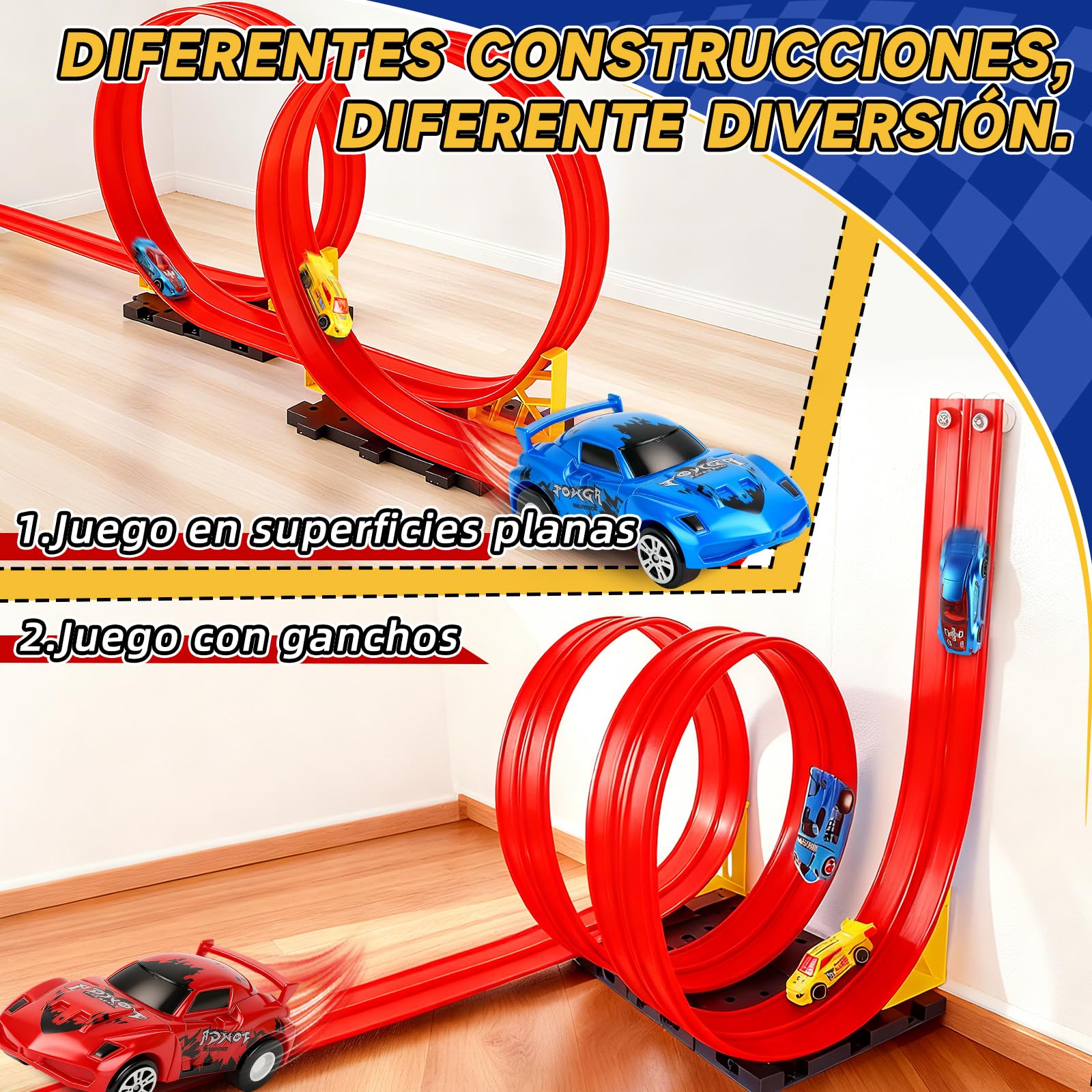 Charmofun Pista de Coches Flexible 5M, Pista de Coches para Niños con 4 Coches, Bolsa Almacenamiento, 2 Lanzadores, 8 Rampas y Ventosas, Pista De Carreras Portátil para Niños de 3+ Años (Rojo)