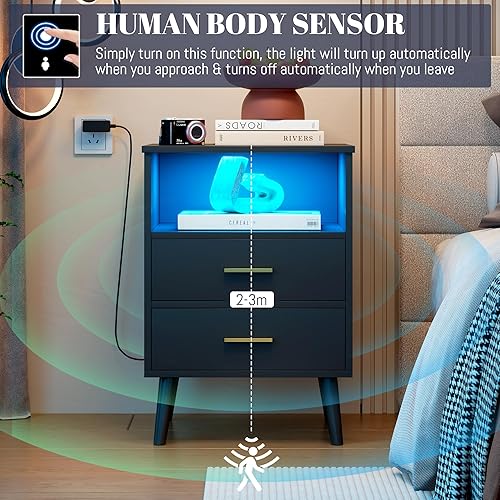 Miniatura 7 de LVSOMT Juego de 2 mesitas de noche con estación de carga, mesas auxiliares para dormitorio, juego de 2 con cajones, juego de mesita de noche con