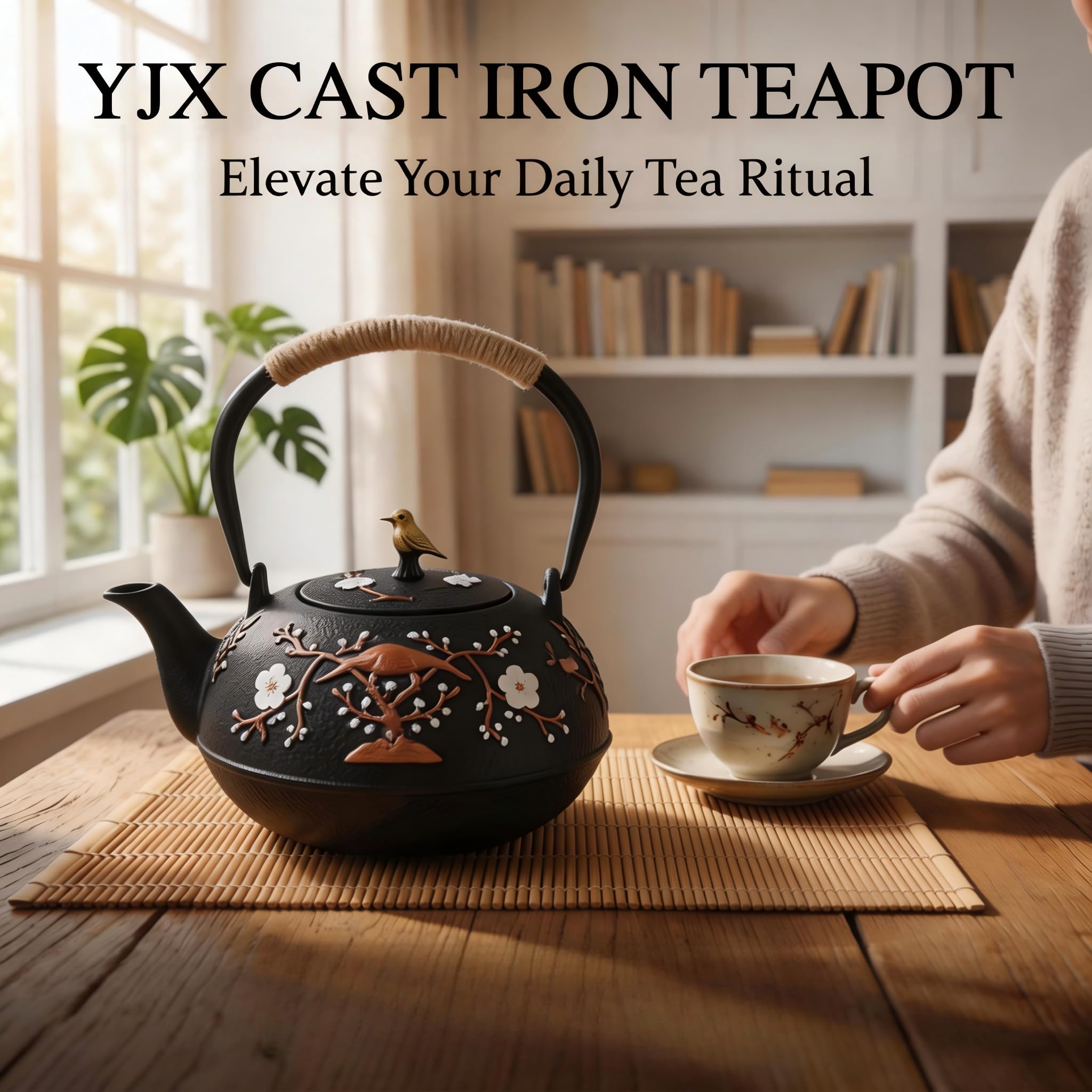 Teekanne aus Gusseisen, japanischer Stil, Tetubin, Teekessel mit herausnehmbarem Edelstahl-Ei für Herdplatte, Teekanne aus Emaille, blaues Eisen, für Kaffee, Teebeutel, Pflaumenblüten, 1200 ml