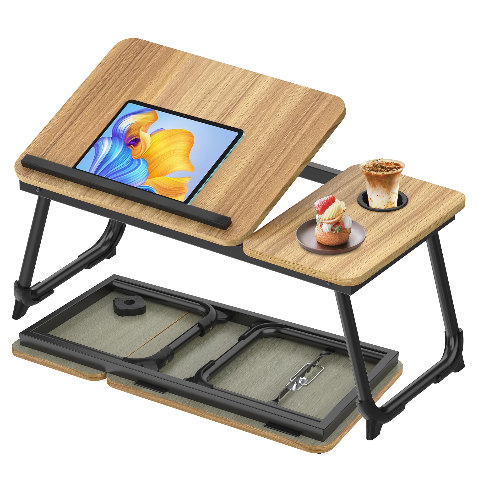 Soontrans Mesa para Cama 63 x 27 x 33 CM, Mesa Cama con Portavasos, Ángulo Ajustable, para Sofa, Suelo, Trabajar, Estudiar, Leer, Plegable (Madera)