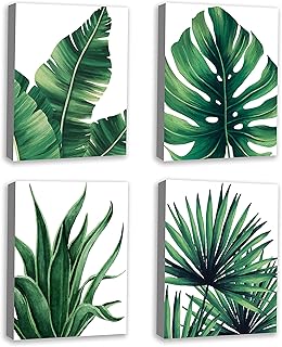 Botanical Prints Wall Art for Bathrooms Canvas Green Leaf Framed Green Plant Wall Art Pictures (12" x 16") Posters Fall Pictures Boho Sage Green Leaf for Bathrooms, 4 Pieces Tropical Plants Pictures Minimalist Greenery Watercolor Painting, Palm Banana Monstera Posters Oil Paintings Watercolor Aesthetic Posters